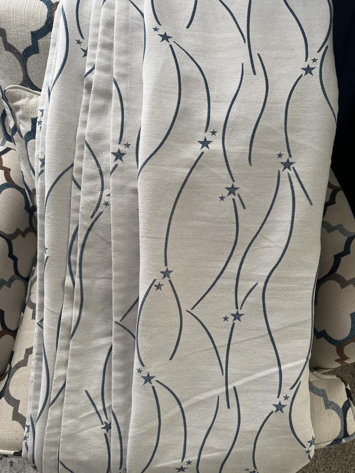 Joywell Embroidered Linen Bay Window Curtains 84 Inch Length 2 Panels Set for Living Room Bedroom,Grommet Light Filtering Grey 50% Blackout Cream Curtain Drapes Geometric Pattern Draperies 52x84 customer photo 2