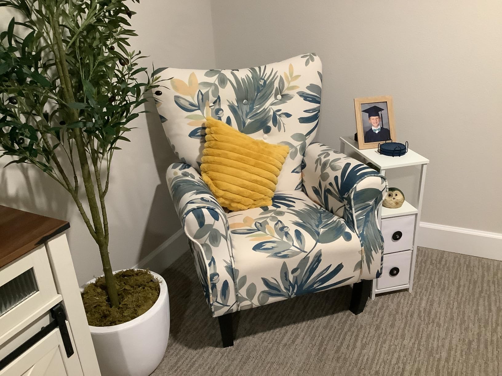 YOLENY Modern Accent Chair,High Back Armchair,Upholstered Fabric Button Single Sofa with Wooden Legs for Living Room,Bedroom,Blue Leaves customer photo 2