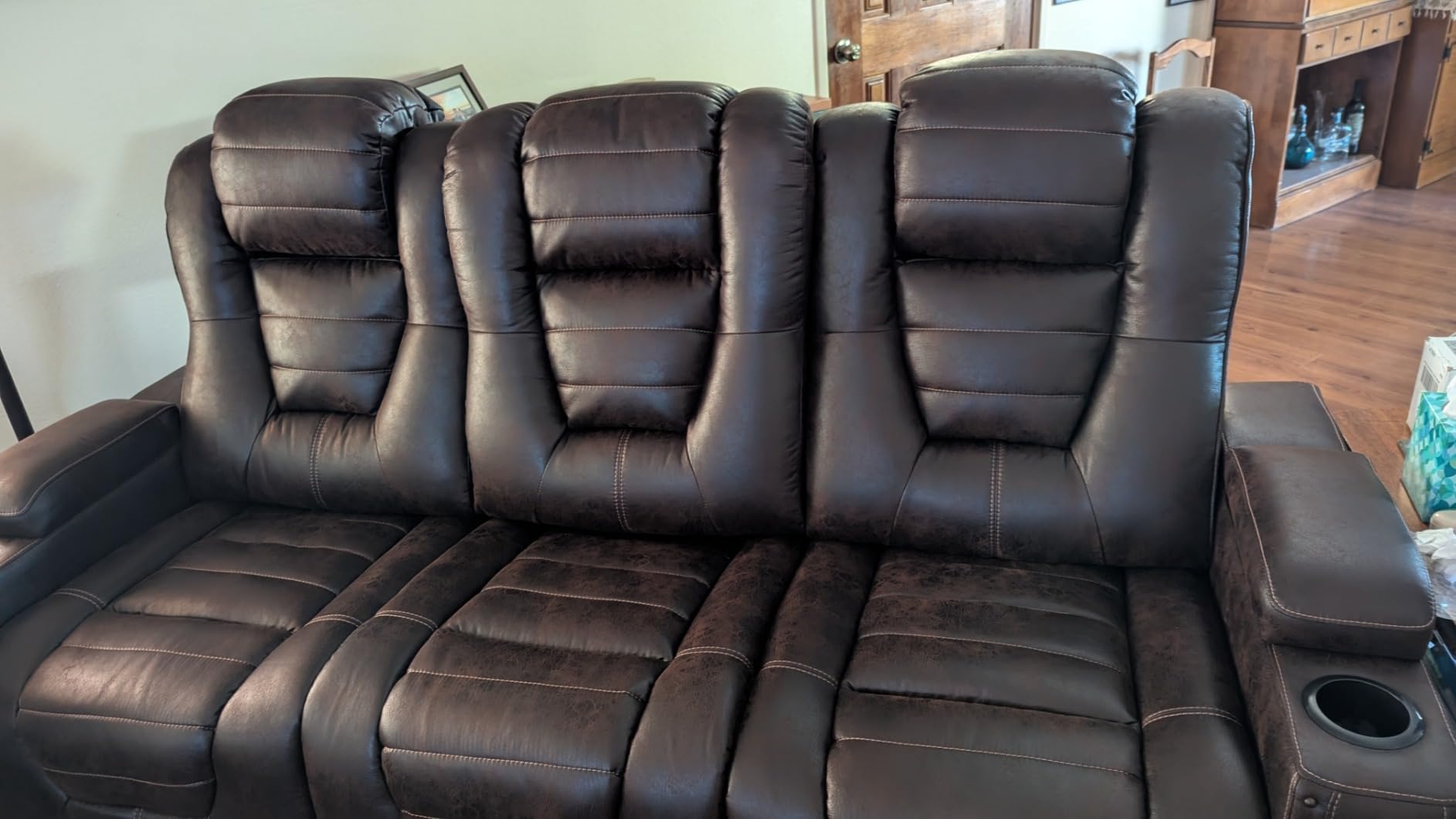 Signature Design by Ashley Faux Leather Power Reclining Sofa, Slate | 15-minute assembly, Zero gravity reclining couch, Drop-down table, Wireless charging, Power headrest, Next-Gen series customer photo 2