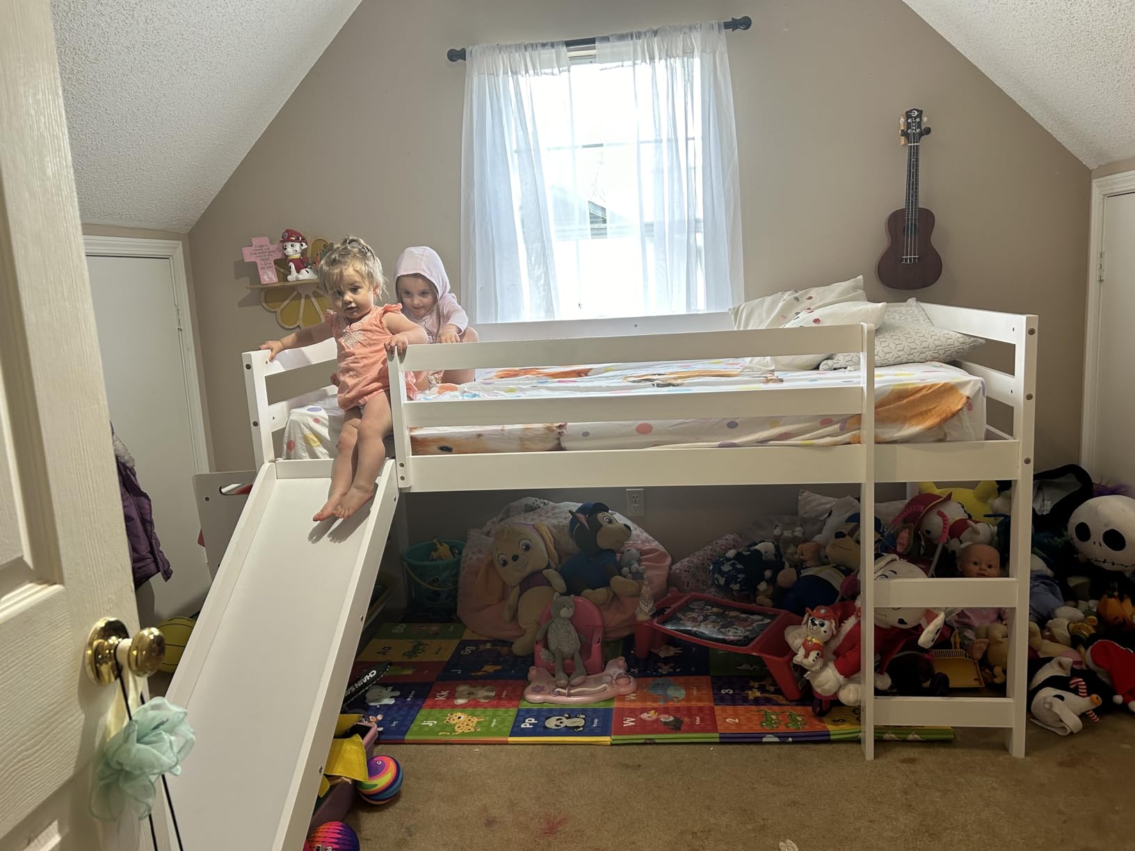 NAFORT Twin Size Loft Bed with Slide & Stairs - Low Loft Bed for Kids, Solid Wood Frame with Guard Rails, Slat Support & Climbing Ladder, Space Saving White Finish customer photo 2