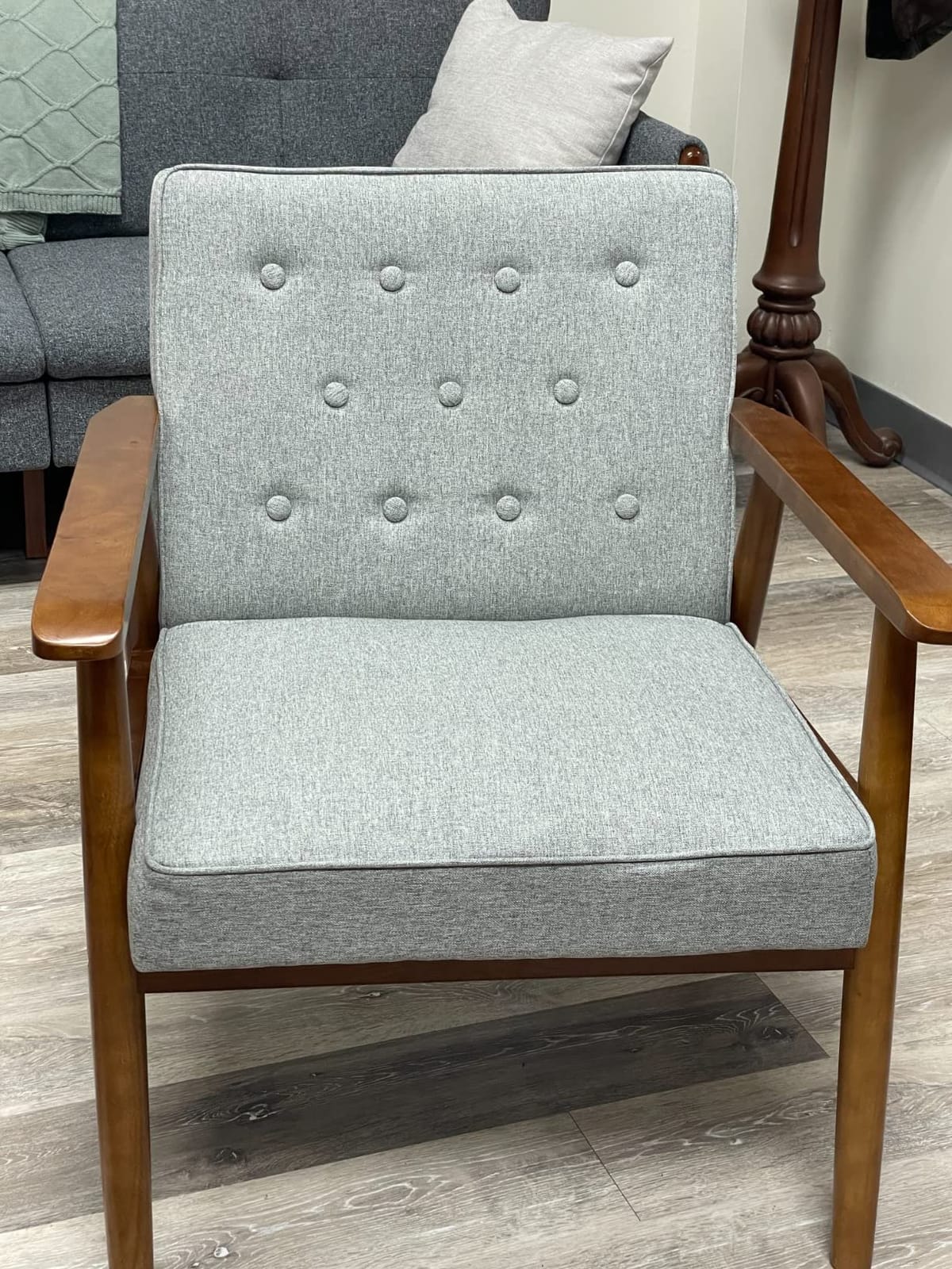 UNICOO® Mid-Century Retro Modern Accent Chairs, Solid Wood Armrest Lounge, Upholstered Mid Century Modern Chair, Walnut Finish with Innerspring Seat Cushion, Linen-Look Fabric(U205-Beige) customer photo 2