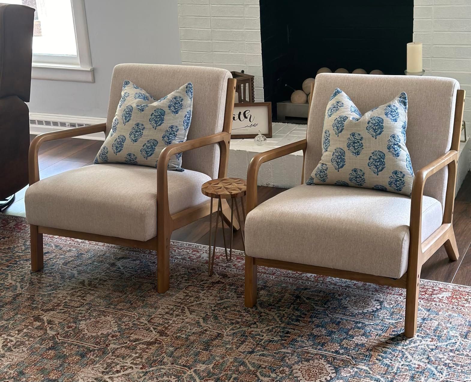 ANJ Mid Century Modern Accent Chairs Set of 2, Single Fabric Lounge Reading Armchair with Solid Wood Frame, Easy Assembly Arm Chairs for Living Room Beige 2 customer photo 2