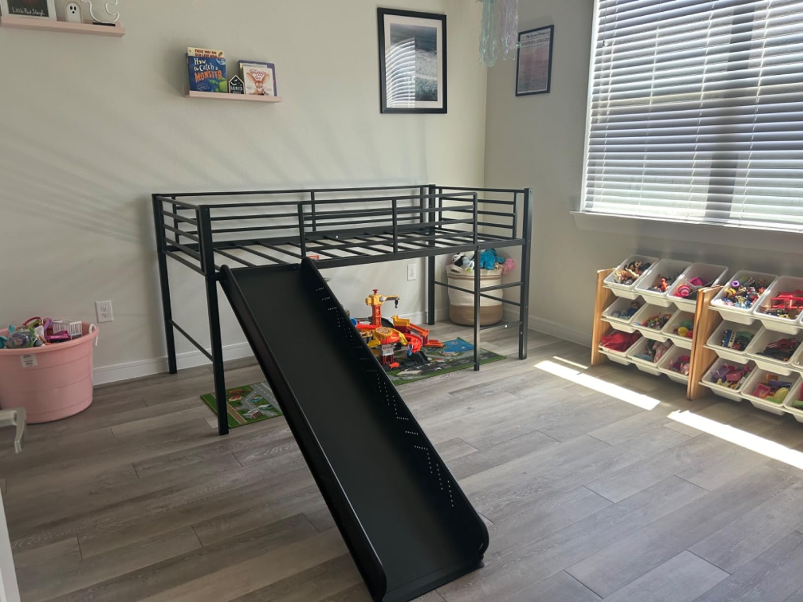 GIANTEX Twin Loft Bed with Slide, Metal Low Bunk Bed w/Safety Guardrails & Built-in Ladder, Loft Bed Frame for Boys & Girls, No Box Spring Needed (Silver) customer photo 1