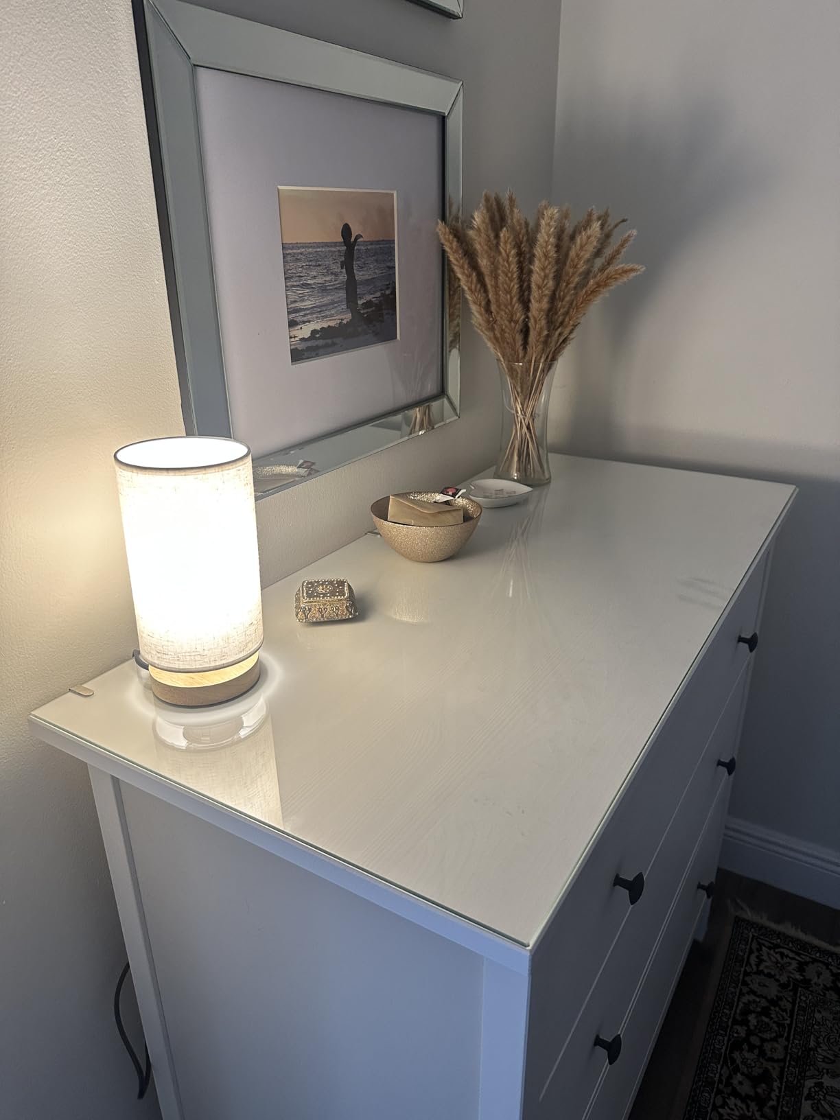 Small Bedside Night Table Lamp for Bedroom, Minimalist Nightstand Lamp with Round Fabric Linen Shade, Study Reading Desk Lamp for Kids Room, Living Room, College Dorm, Home, Office customer photo 2