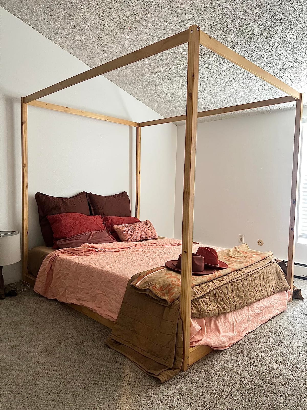 Harper & Bright Designs Queen Canopy Bed Wood 4 Poster Panel Beds, Floor Bed Frame Queen with Solid Wood Slat Support, Queen Size Platform Bed for Kids Teens Adults, No Box Spring Needed, Natural customer photo 1