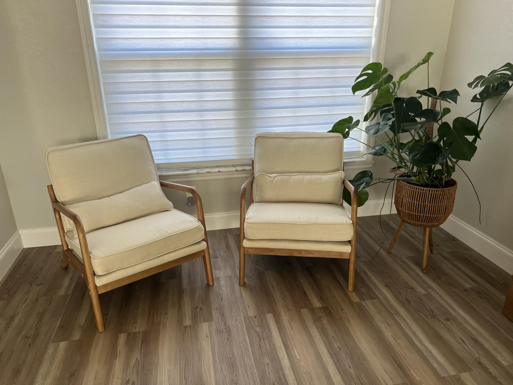 Bonnlo Fine Beige Accent Chairs Set of 2, Upholstered Mid Century Modern Lounge Fabric Chairs Reading Chairs Side Sitting Chair Solid Wood Farmhouse Armchairs for Living Room, Bedroom, Guest Room customer photo 1