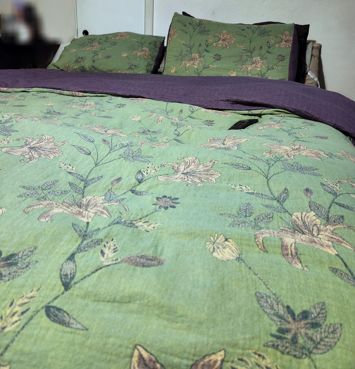 VM VOUGEMARKET Linen Cotton Jacquard Duvet Cover Queen,3 Pcs Yarn-Dyed Textured Duvet Cover Set Green Purple Floral Bedding Breathable, Natural Wrinkled Look-No Comforter customer photo 1
