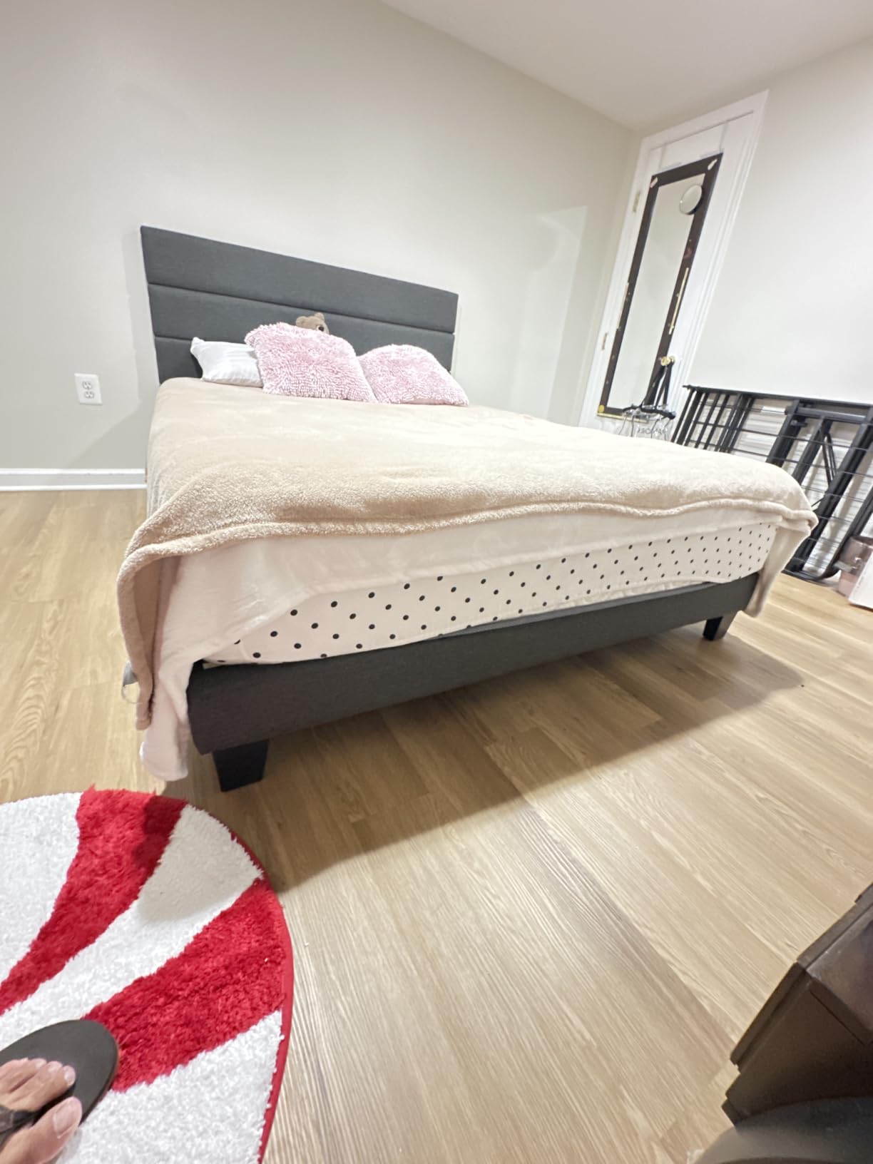Allewie King Size Platform Bed Frame with Fabric Upholstered Headboard and Wooden Slats Support, Fully Upholstered Mattress Foundation/No Box Spring Needed/Easy Assembly, Beige customer photo 1