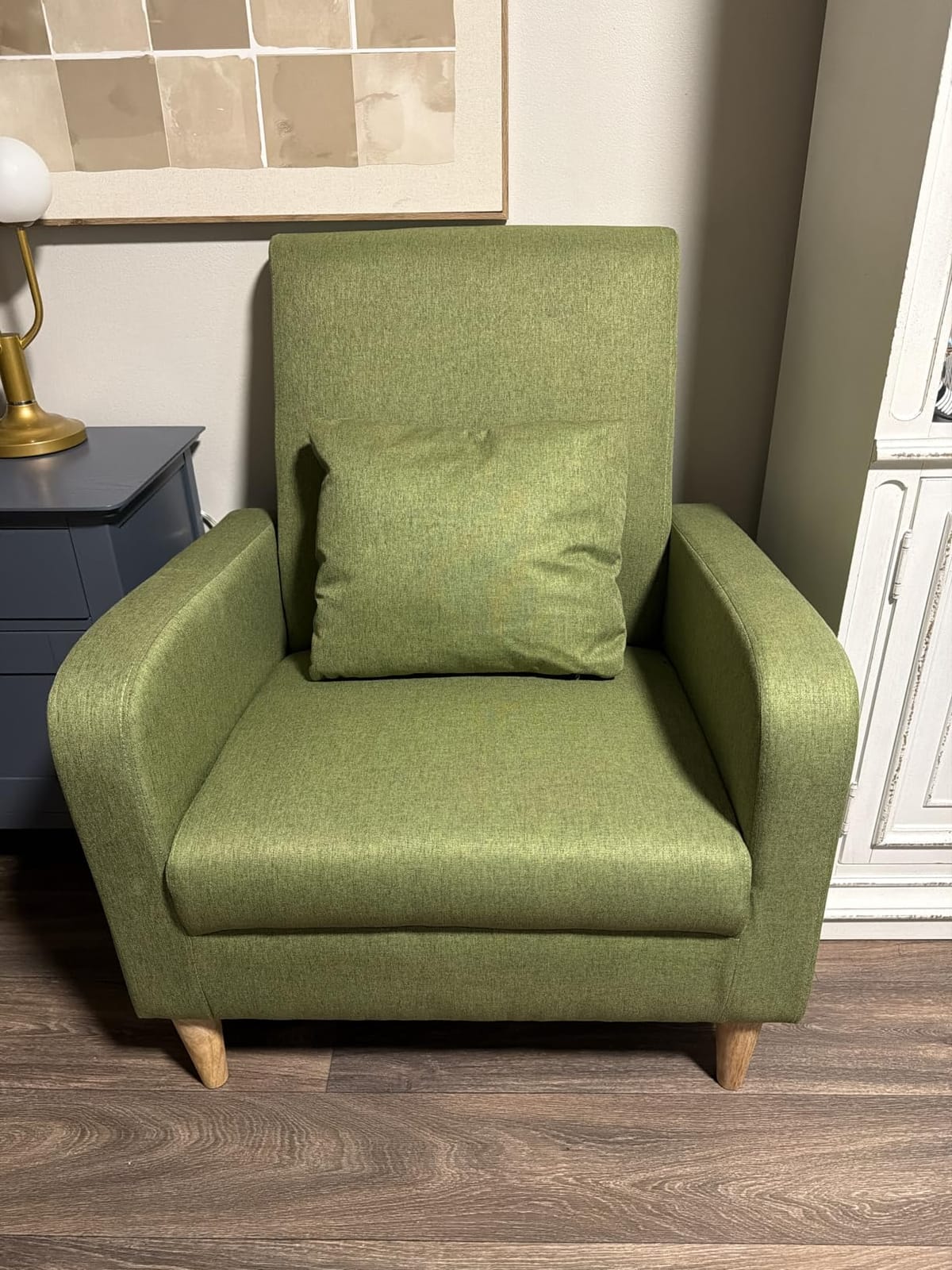 COLAMY Mid-Century Modern Upholstered Accent Chair with Back Pillow & Solid Wood Legs, Fabric Cozy Armchair for Living Room, Bedroom, Reading Nook, Apartment & Small Spaces, Beige customer photo 2
