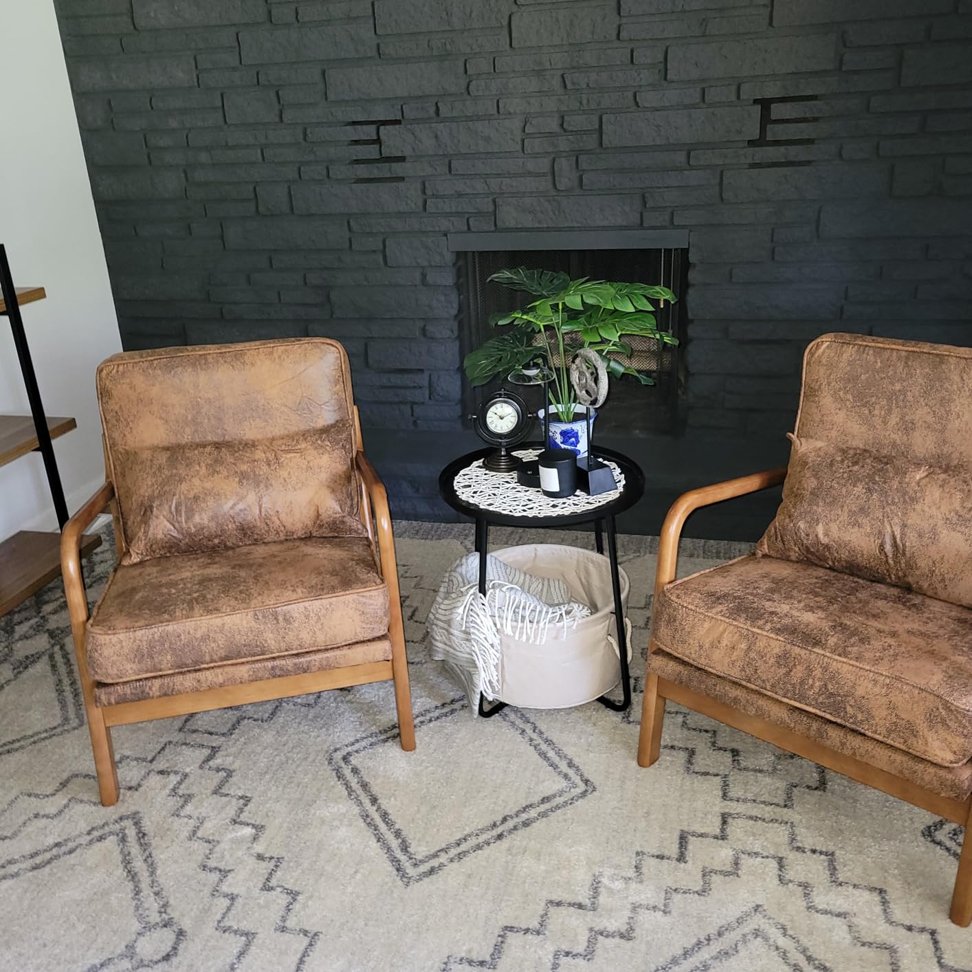 Mid Century Modern Accent Chair Set of 2 Living Room- Comfy Solid Wood Arm Chair with Lumber Pillow Lounge Decorative Brown Leather Office Side Chair Bedroom Reading Nook Sillas De Sala Microfiber customer photo 2