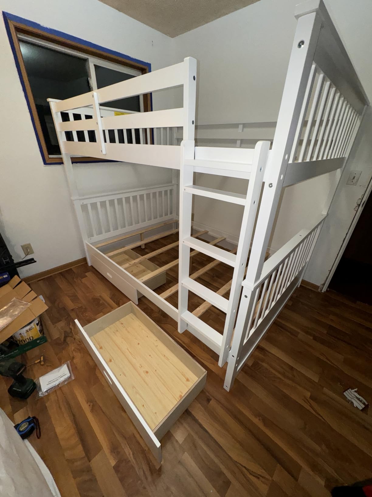 Merax Wood Bunk Bed with Drawers,Convertible Wood Bunk Bed with Ladders and Two Storage Drawers,Solid Wood Detachable Bunk Bed Frame with Ladders,Twin Over Twin Size,Grey customer photo 1