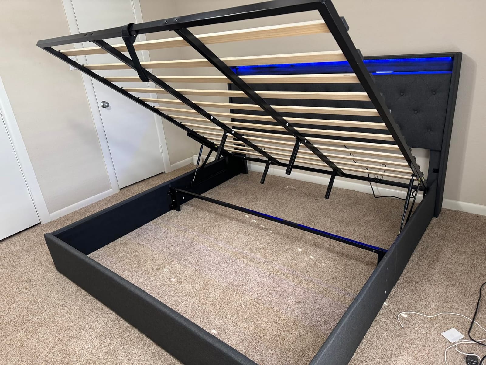 Full Lift Up Storage Bed Frame w/Charging Station & LED Lights, Dark Grey customer photo 1