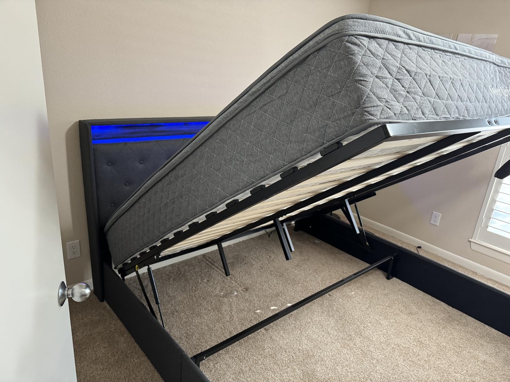 Full Lift Up Storage Bed Frame w/Charging Station & LED Lights, Dark Grey customer photo 2