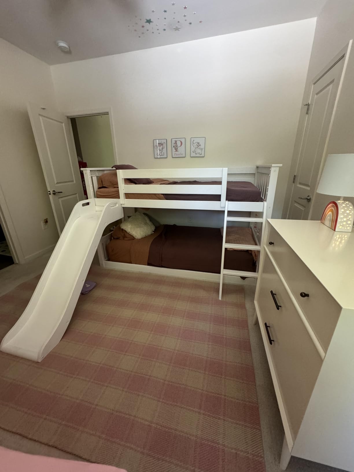 Max & Lily Solid Wood Twin Over Twin Size Low Bunk Beds for Kids with Slide and Ladder, 400 lbs Weight Capacity, 14