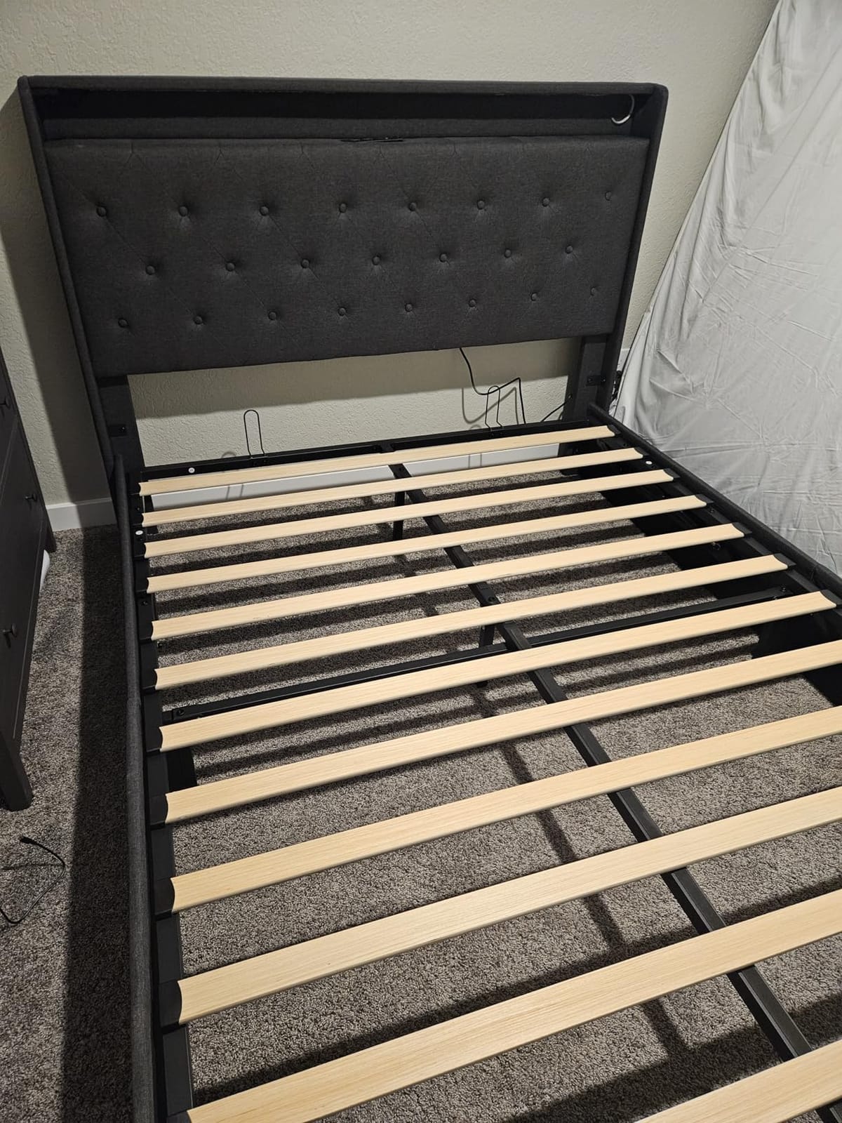 Queen Lift Up Storage Bed Frame w/Charging Station & LED Lights, Beige | Upholstered Bed with Button Tufted Wingback Storage Headboard, Hydraulic Storage, No Box Spring Needed, Wood Slats Support customer photo 1