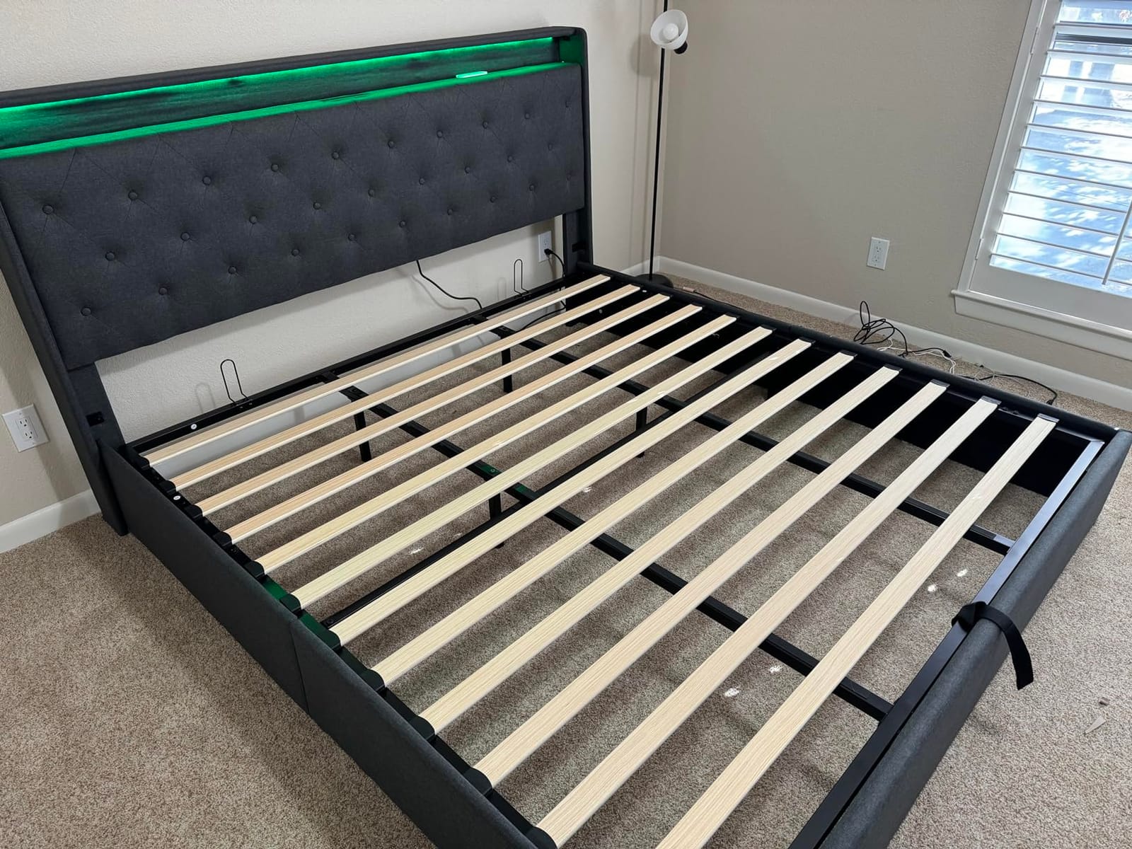 Queen Lift Up Storage Bed Frame w/Charging Station & LED Lights, Beige | Upholstered Bed with Button Tufted Wingback Storage Headboard, Hydraulic Storage, No Box Spring Needed, Wood Slats Support customer photo 2