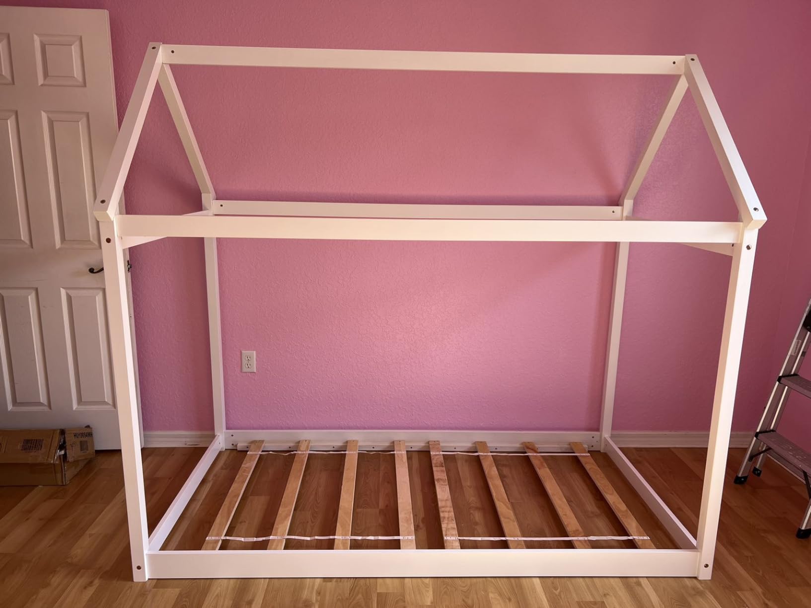 GIANTEX Twin House Bed, Wood Montessori Bed Frame with House Roof Canopy, Low Floor Bed with Sturdy Wood Slat Support, No Box Spring Needed, Twin Playhouse Bed for Kids Teens Boys Girls (Grey) customer photo 2