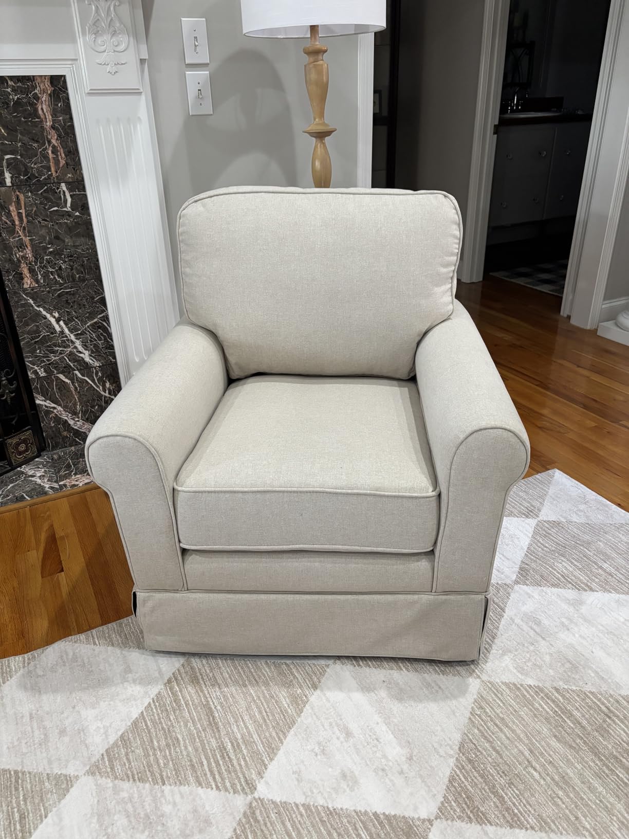 Swivel Accent Chair Linen Mid Century Modern Chair, Comfy Swivel Barrel Reading Chair, Upholstered Square Chair for Living Room Bedroom Small Spaces, Fully Assembled, Blue Stripe customer photo 2