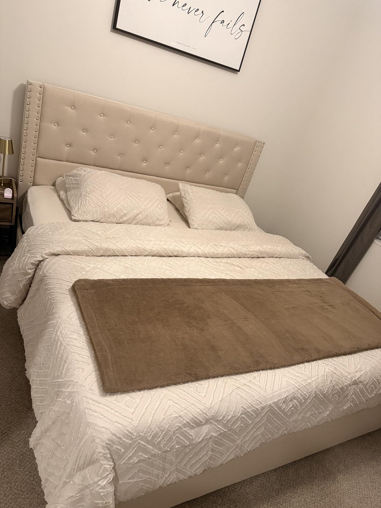 LARMACE King Size Bed Frame with 4 Storage Drawers and Tufted Headboard Linen Upholstered Platform Bed Frame with Heavy Duty Wood Slats, No Box Spring Needed, Easy Assembly, Beige customer photo 2