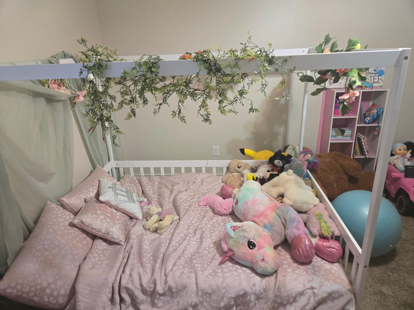Full Size Canopy Bed Frame with Guardrails for Kids,Floor Bed Full with Four Poster Design,Kids Montessori Floor Bed,Wood Canopy Bed Frame for Girls,Boys(Full,White) customer photo 1