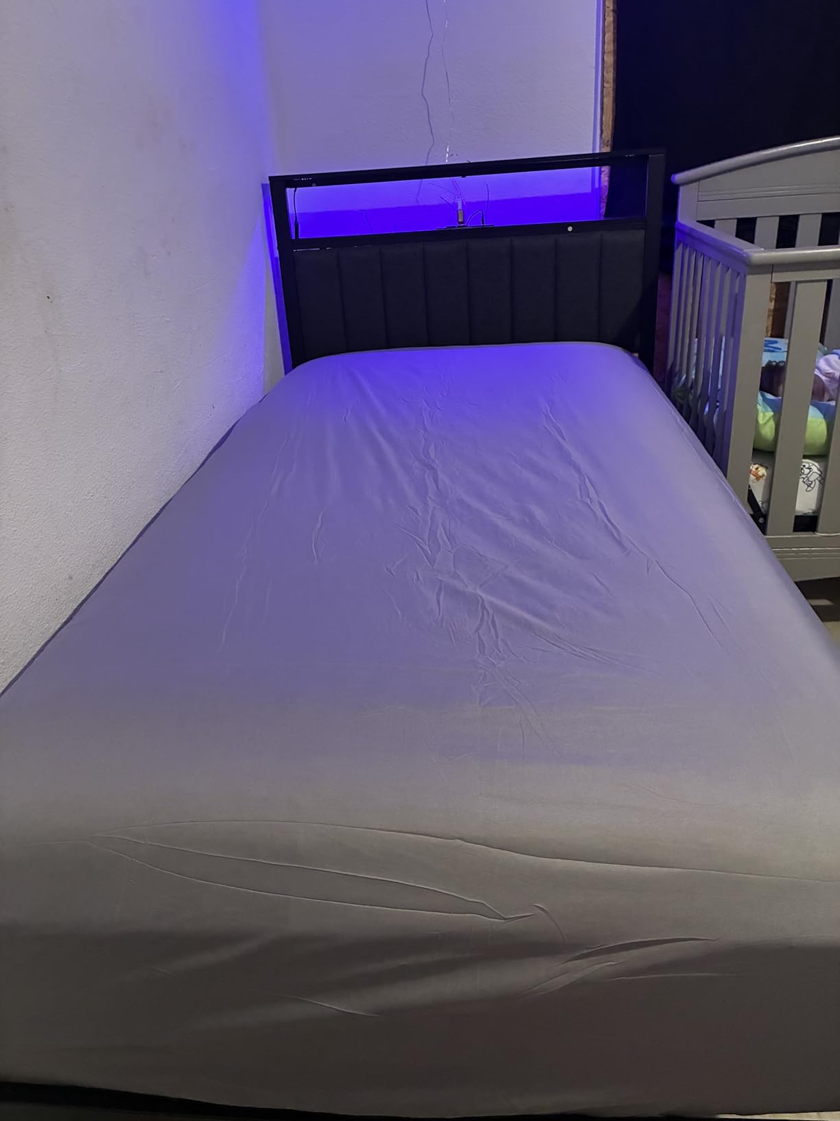 Furnulem Twin Size Bed Frame with Charging Station and LED Lights | Platform Bed with Grey Upholstered Headboard, 2-Tier Storage Shelf, Metal Slats, No Box Spring Needed, Noise-Free, USB+Type-C customer photo 2