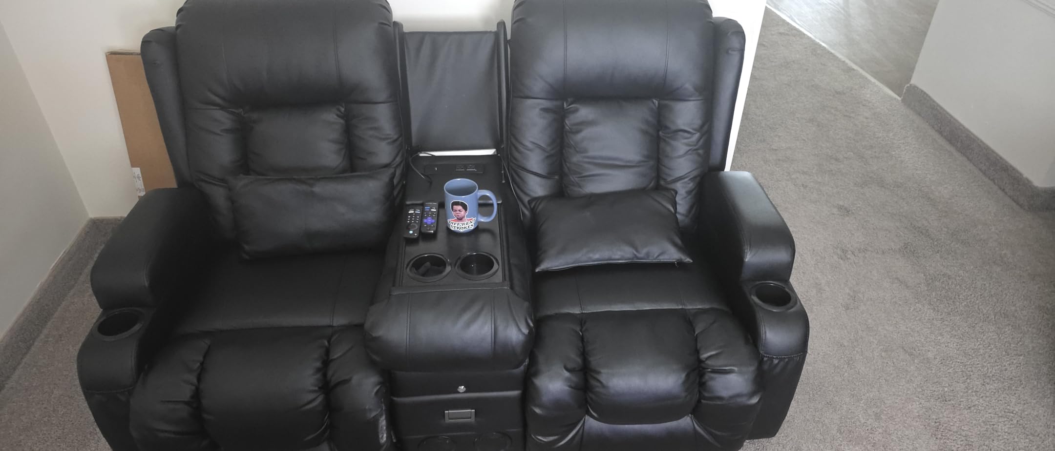 URRED Power Loveseat Recliner Sofa with Massage and Heat, Black | Wall Hugger Reclining Loveseat with Console, RV Couch Home Theater Seating with LED Lights for Living Room, Faux Leather customer photo 2