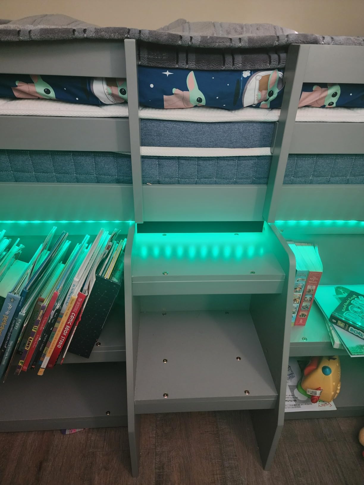 GIANTEX Twin Loft Bed with LED Lights, Wooden Loft Bed Twin Size with Stairs & Safety Guardrail, Low Loft Bed for Kids with Storage Bookcase and Under-Bed Play Space, Grey customer photo 1