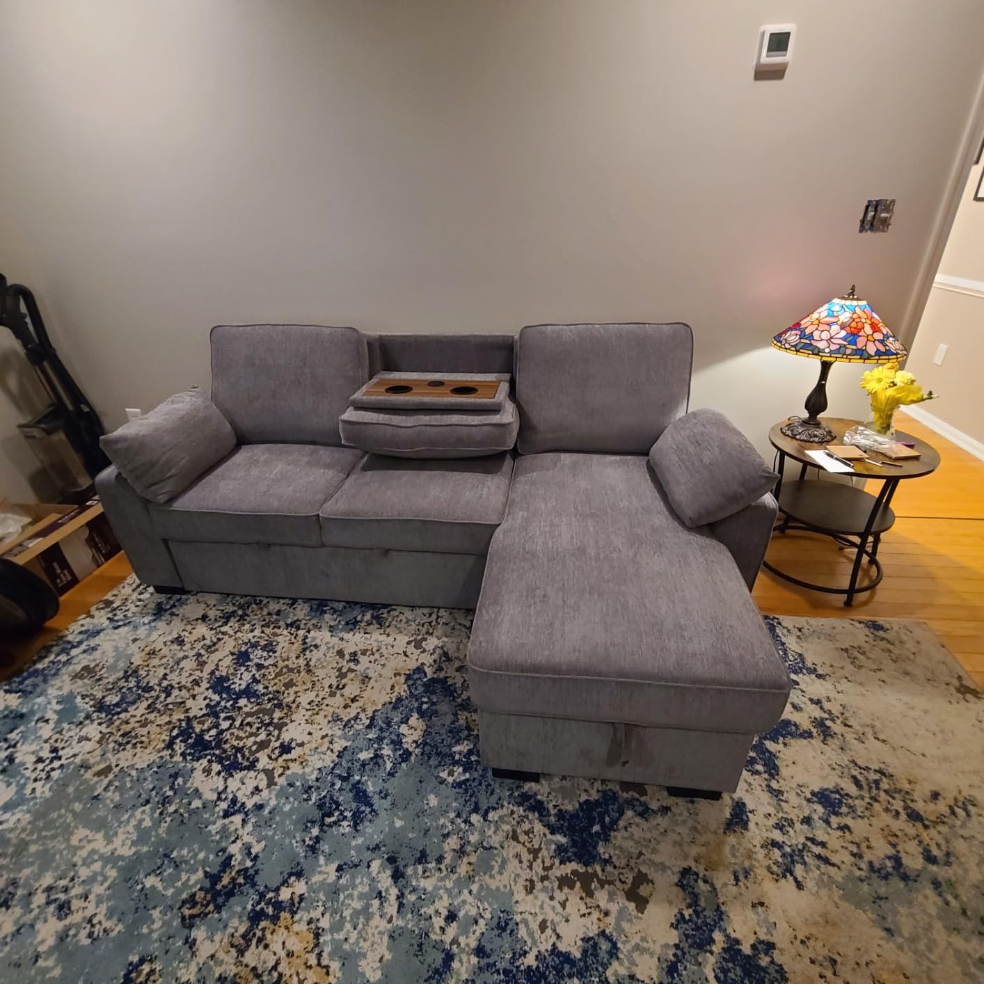 ERYE L-Shaped Pull Out Sleeper Sofa Bed, Modern Chenille Upholstered Button Tufted Corner Reversible Sleeper Sectional Sofa Couch with Storage Chaise, Drop-Down Table, Cup Holders and Charging Ports customer photo 2