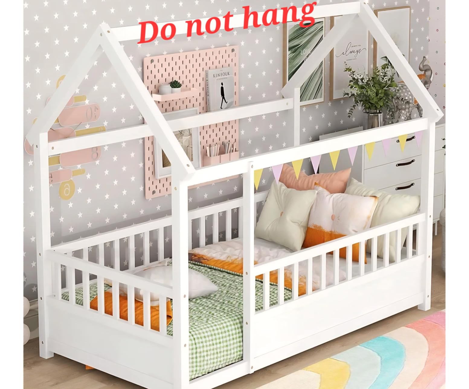 Kids Montessori Bed Twin Size, Twin Floor Bed with High Fence, House Beds for Kids, Girls, Boys, Wood Montessori Floor Beds Without Slats(White Twin) customer photo 1