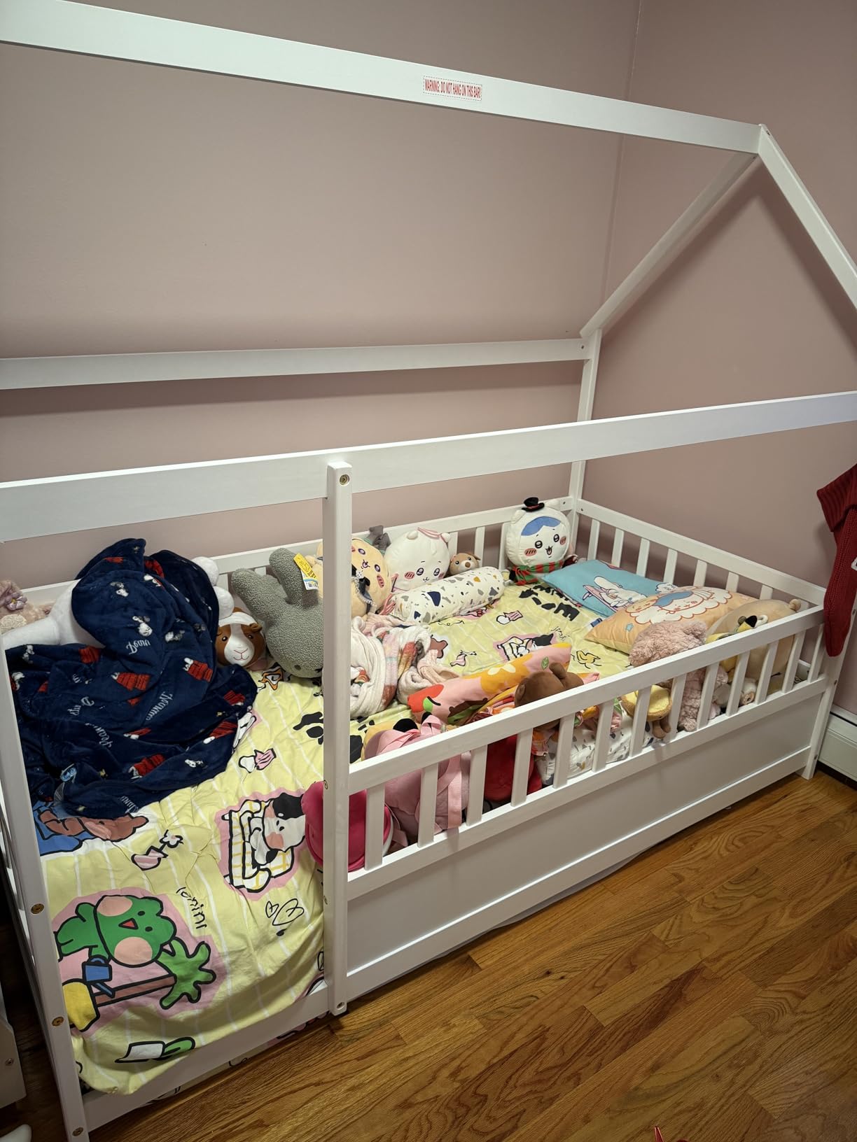 Kids Montessori Bed Twin Size, Twin Floor Bed with High Fence, House Beds for Kids, Girls, Boys, Wood Montessori Floor Beds Without Slats(White Twin) customer photo 2