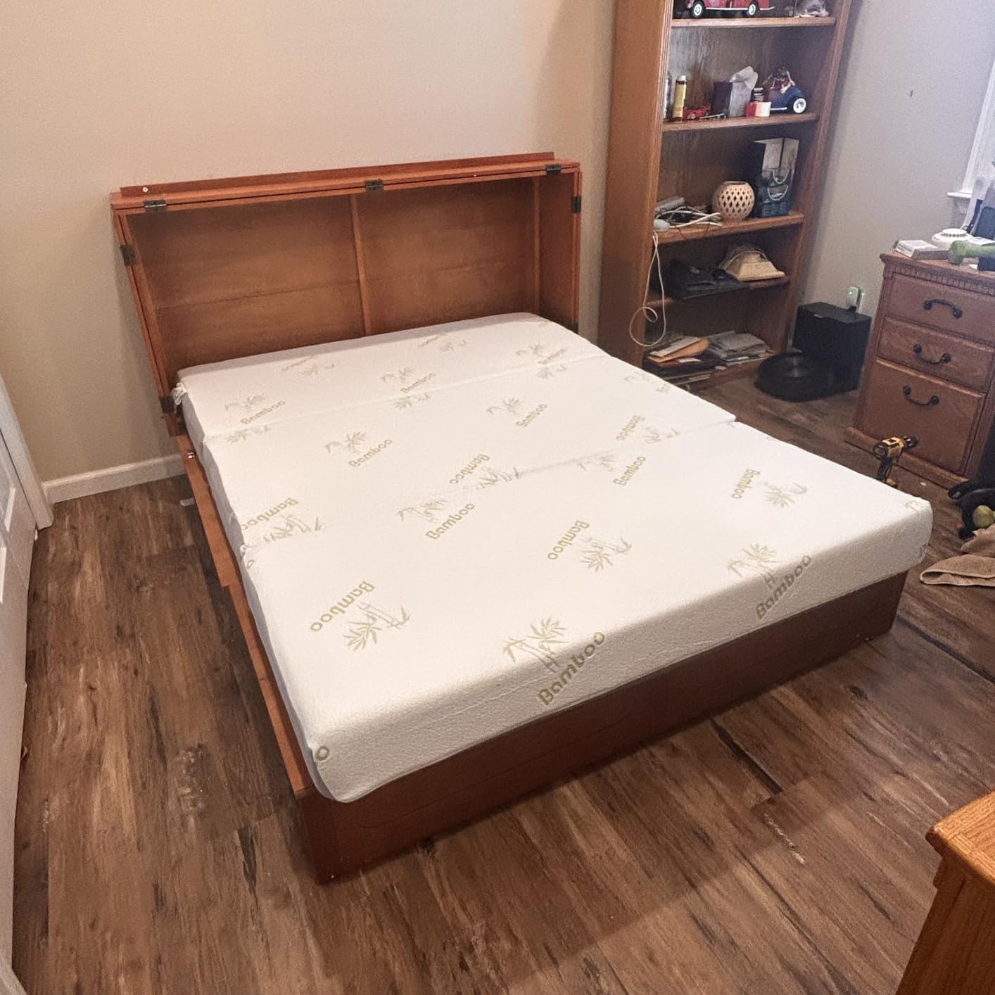 Mjkone Murphy Bed Cabinet Queen with Tri-Fold Mattress Included & USB Charging Station, Modern Versatile Solid Wood Chest Cabinet Wall Bed with Drawers, Adult Guest Beds for Apartment Bedroom - White customer photo 2