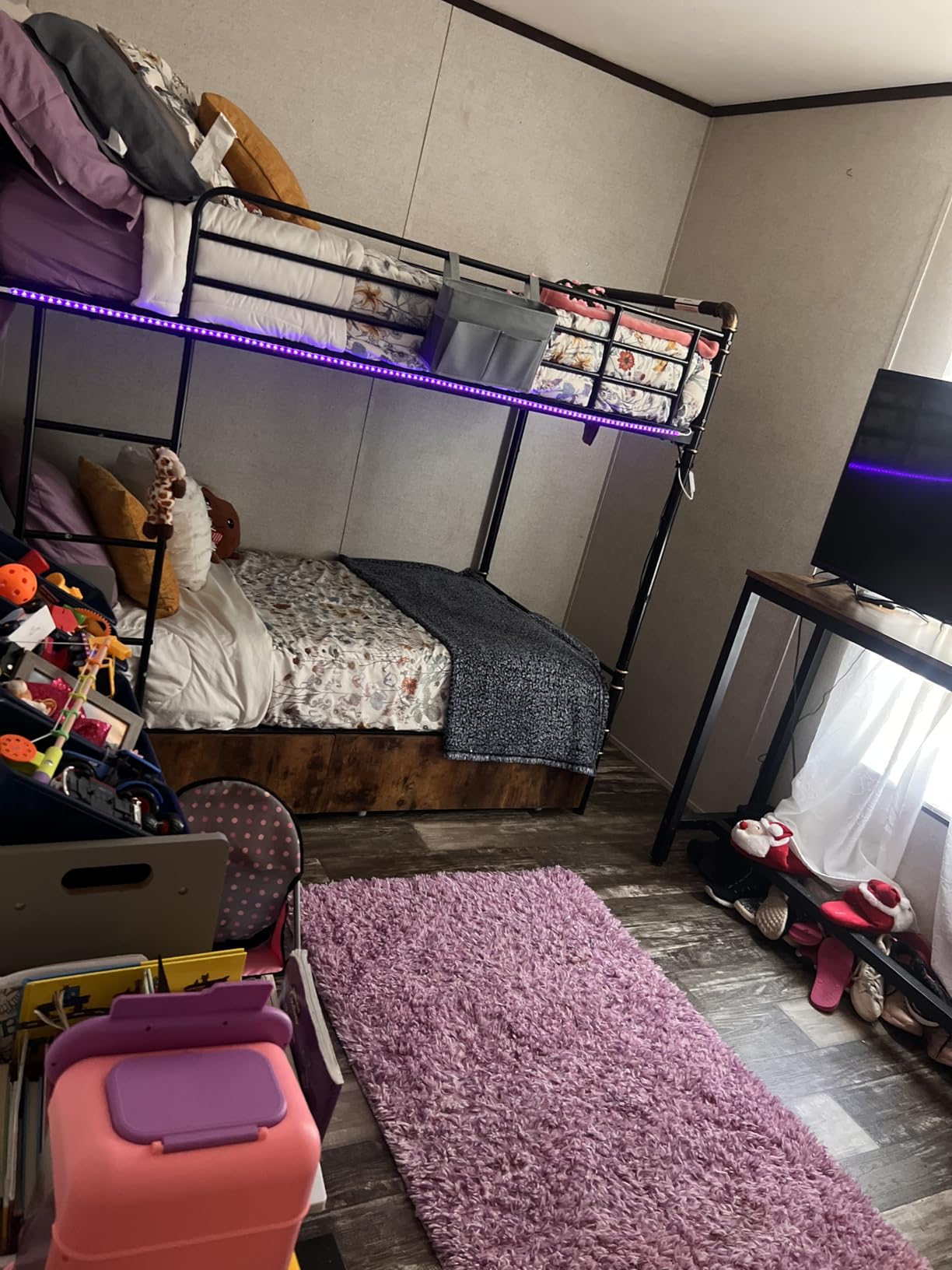 Jocoevol Metal LED Bunk Bed Twin Over Twin with 2 Storage Drawers, USB Charging Station, Industrial Bunkbeds Heavy Duty Bed with Safety Guardrail and Ladder, No Box Spring Needed, Vintage Brown customer photo 2