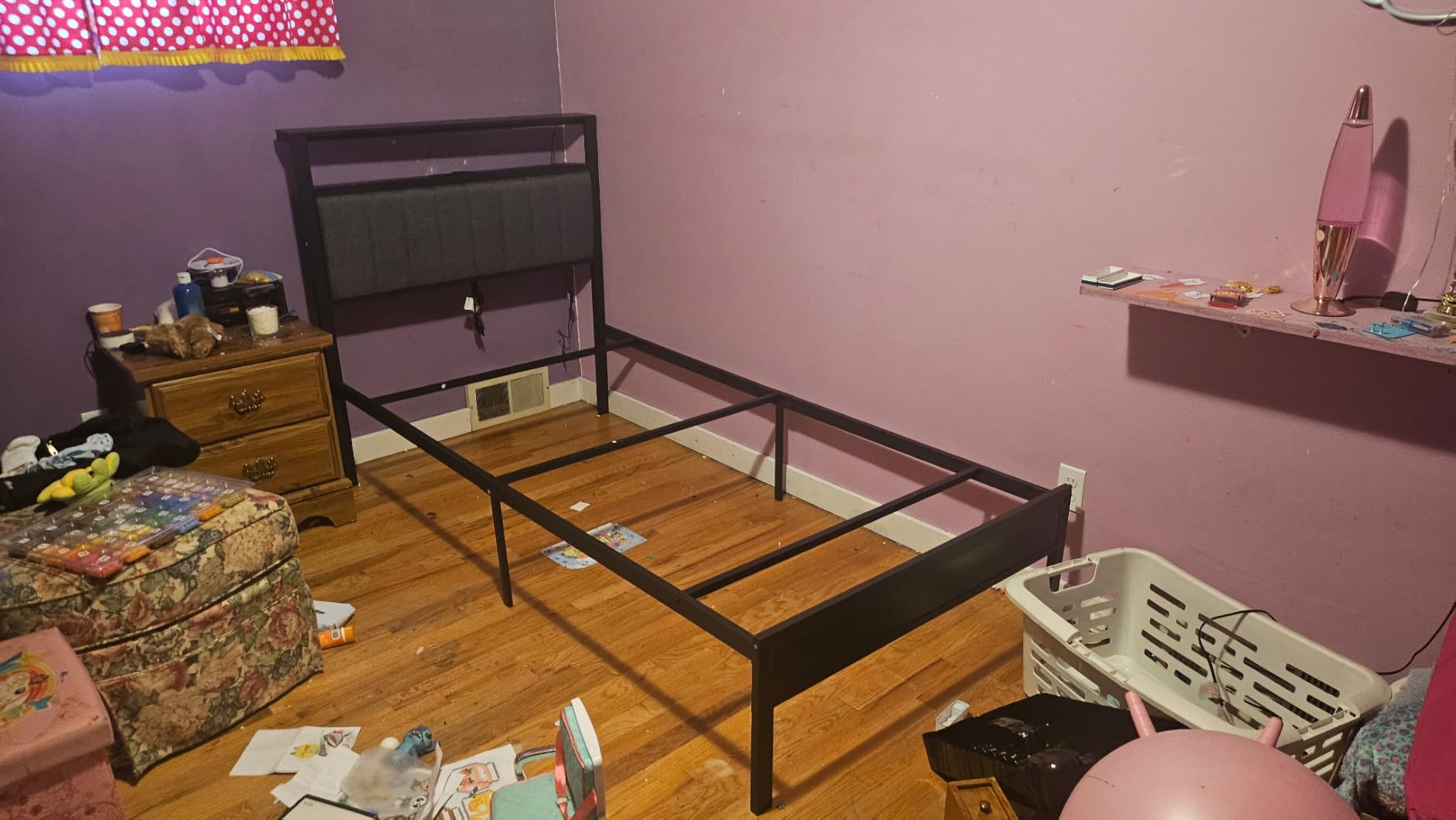 Furnulem Full Size Bed Frame with Storage Drawers and Upholstered Headboard | Metal Platform Bed with Charging Station, LED Lights, 2 Tier Shelves, Fabric Drawers. No Box Spring Needed, Noise Free, Grey customer photo 1