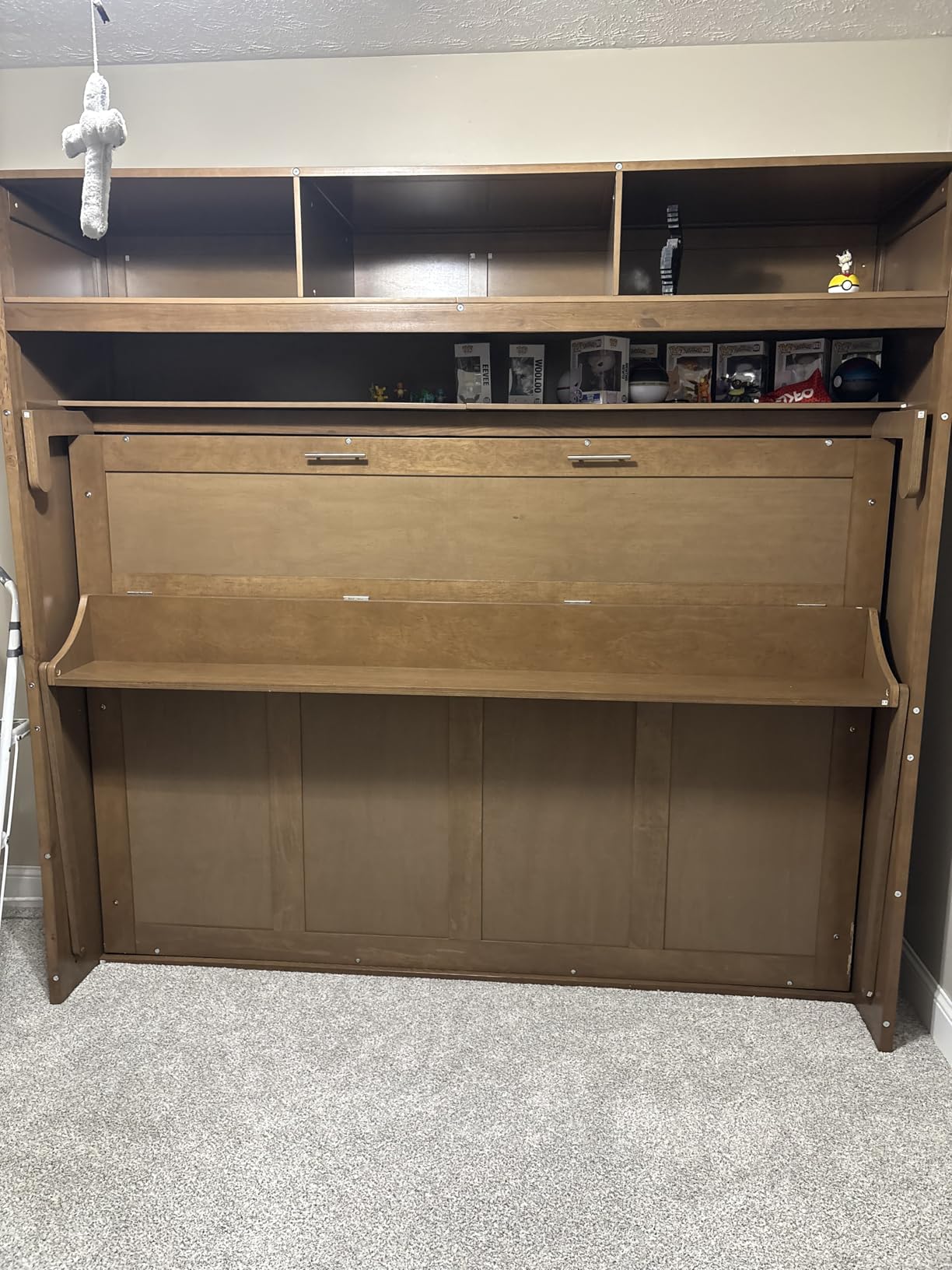 Queen Size Murphy Bed, Wooden Queen Murphy Bed with Sofa, Cushion and Shelves, Gray customer photo 1