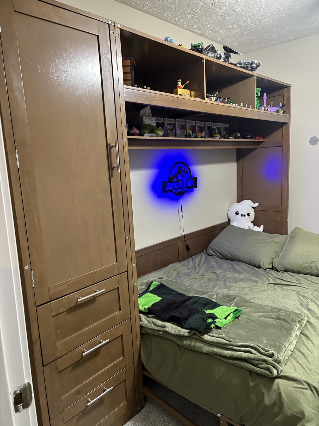 Queen Size Murphy Bed, Wooden Queen Murphy Bed with Sofa, Cushion and Shelves, Gray customer photo 2