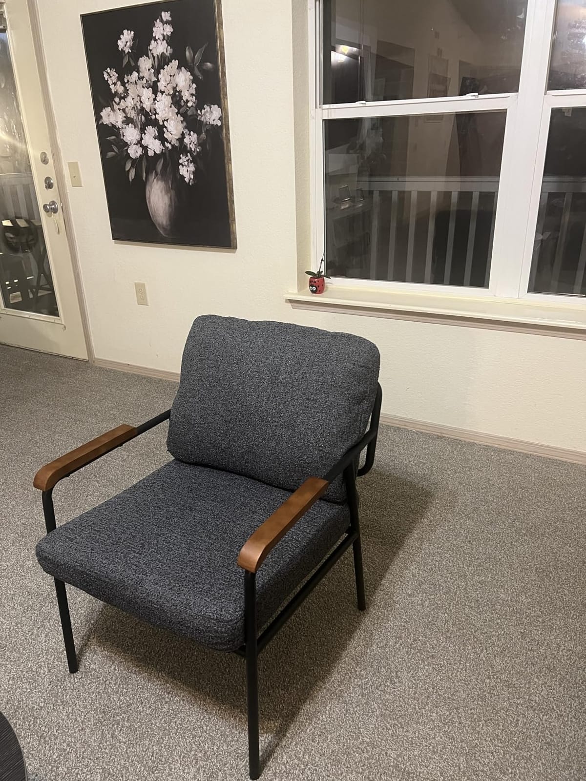 VINGLI Mid-Century Modern Accent Armchiar for Small Space, Small Comfy Upholstered Leisure Reading Chair with Wood Armrest for Bedroom, Living Room, Waiting Room, Linen Grey customer photo 1