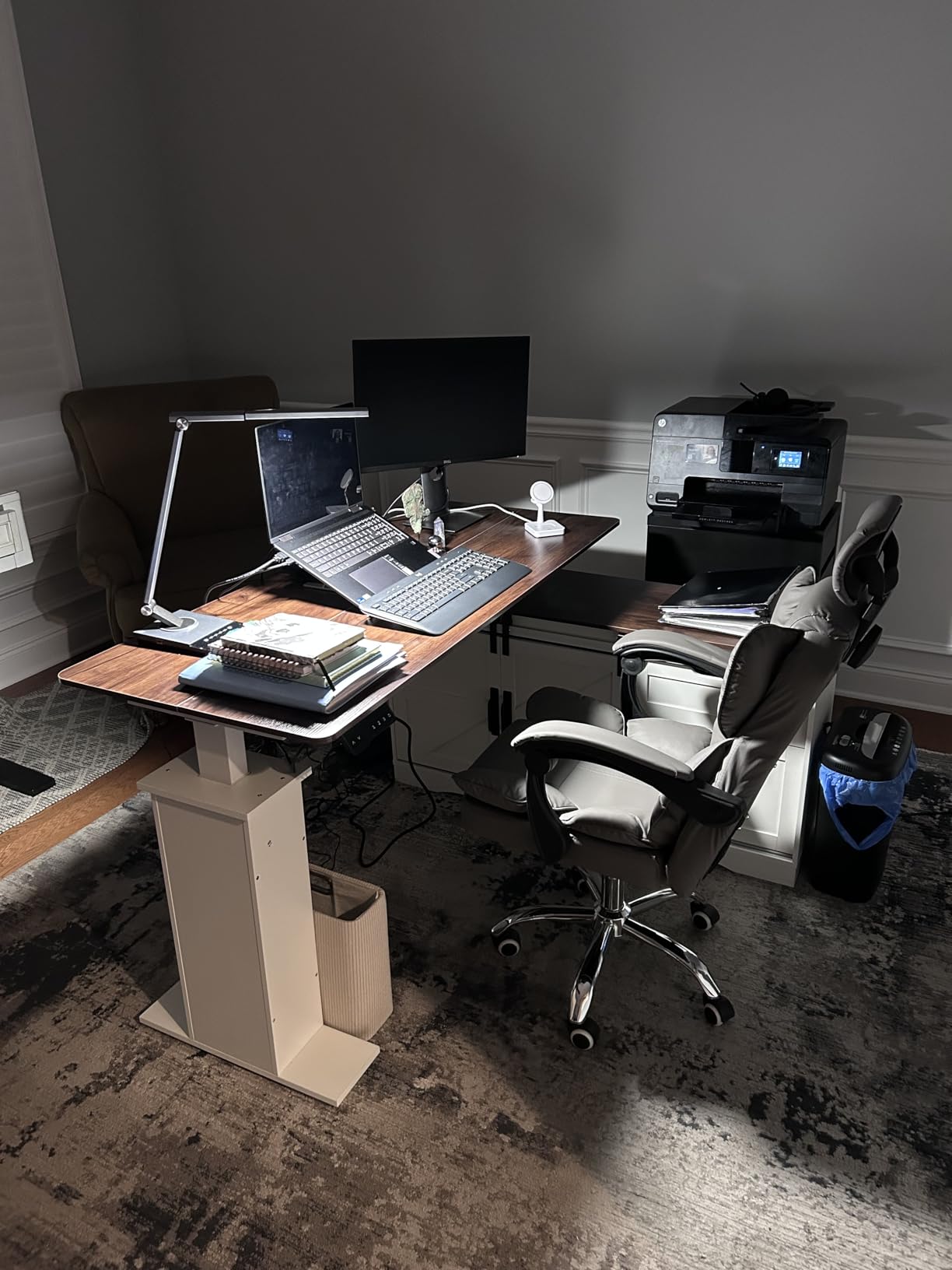 SEDETA Farmhouse 55 inch L Shaped Standing Desk with Storage Drawers | Height Adjustable Corner Computer Desk with Power Outlets, Sliding Bar Door for Home Office, White customer photo 1