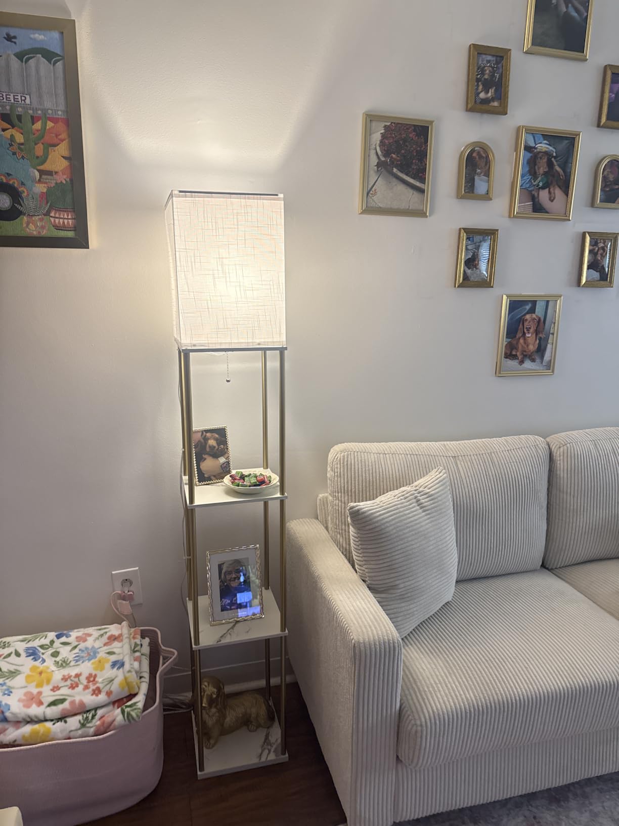 Floor Lamp with Shelves, Modern Corner Display Standing Column Shelf Lamp Etagere Organizer Tower Nightstand with White Linen Shade for Living Room, Bedroom and Office, Marble White and Gold Poles customer photo 1