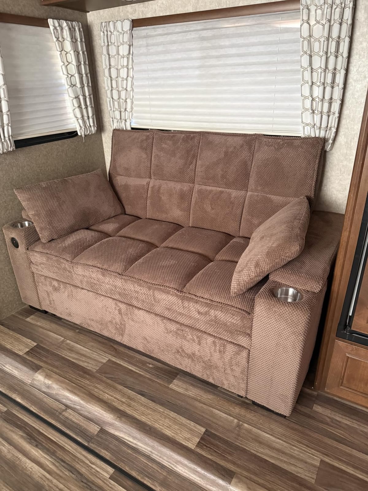 oaaktu ﻿ Large Size Convertible Sleeper Sofa Bed,Polka dot Velvet Pull Out Futon Couch with Storage handrails & Rotating Side Tables,Convertible Sofa Couch for Living Room,RV (Coffee) customer photo 1