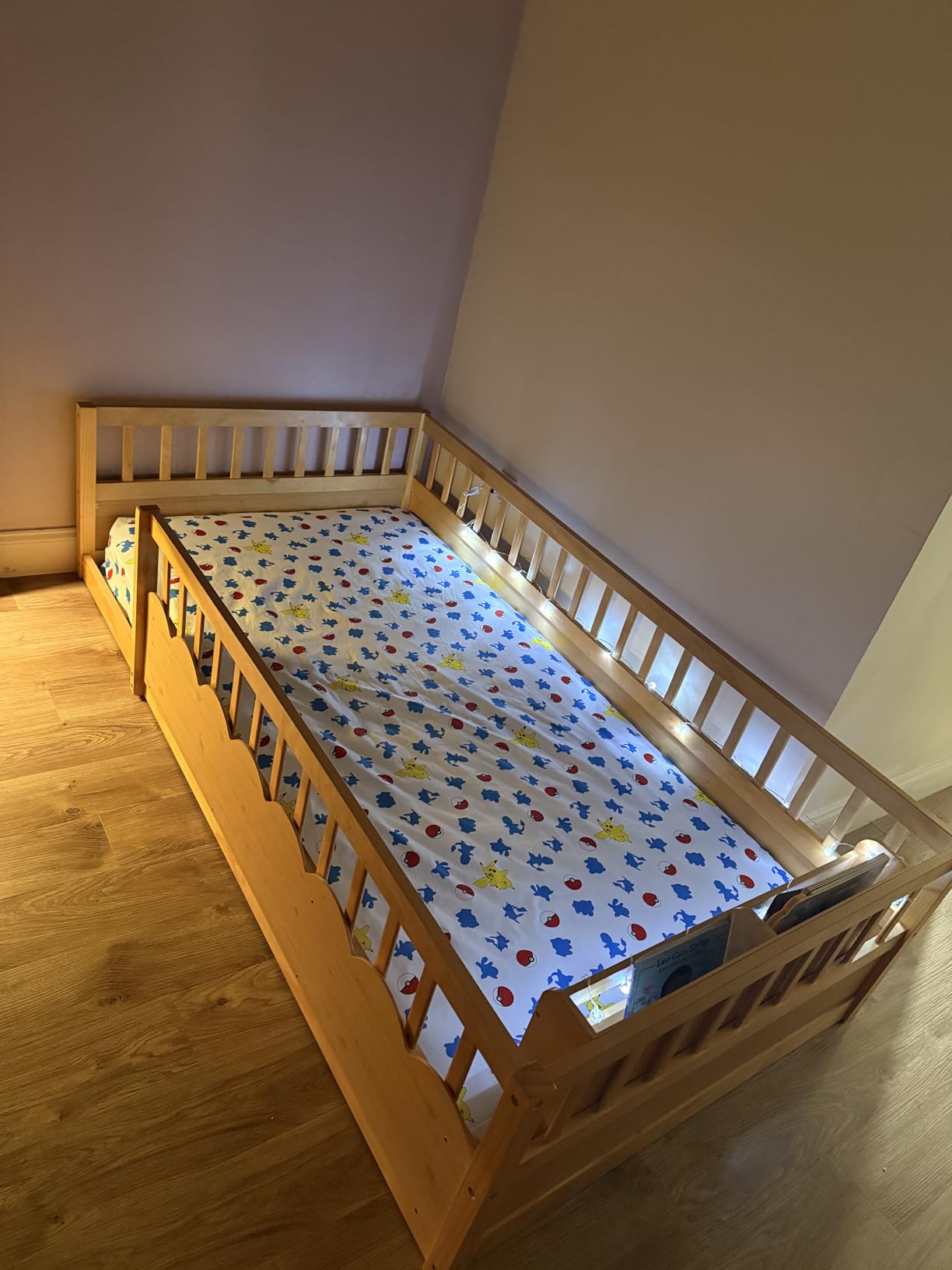Montessori Floor Bed with High Rails,Twin Size Floor Bed Frame for Kids, LED Lights & Storage Shelf, Safe & Wider Opening Gate Design, Playground & Sleep Space for Girls Boys,Natural customer photo 1