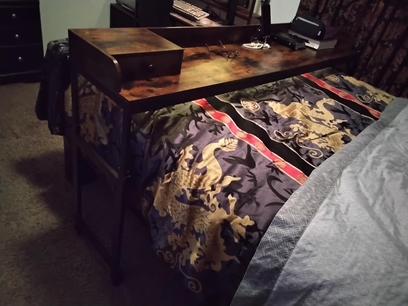 HOOBRO Overbed Table with Wheels, Rolling Table with Outlets & Light Strip for Queen Bed, Mobile Bed Desk & Drawer and Adjustable Height, Giant Computer Desk for Living Room, Rustic Brown BF180UDDN01 customer photo 2