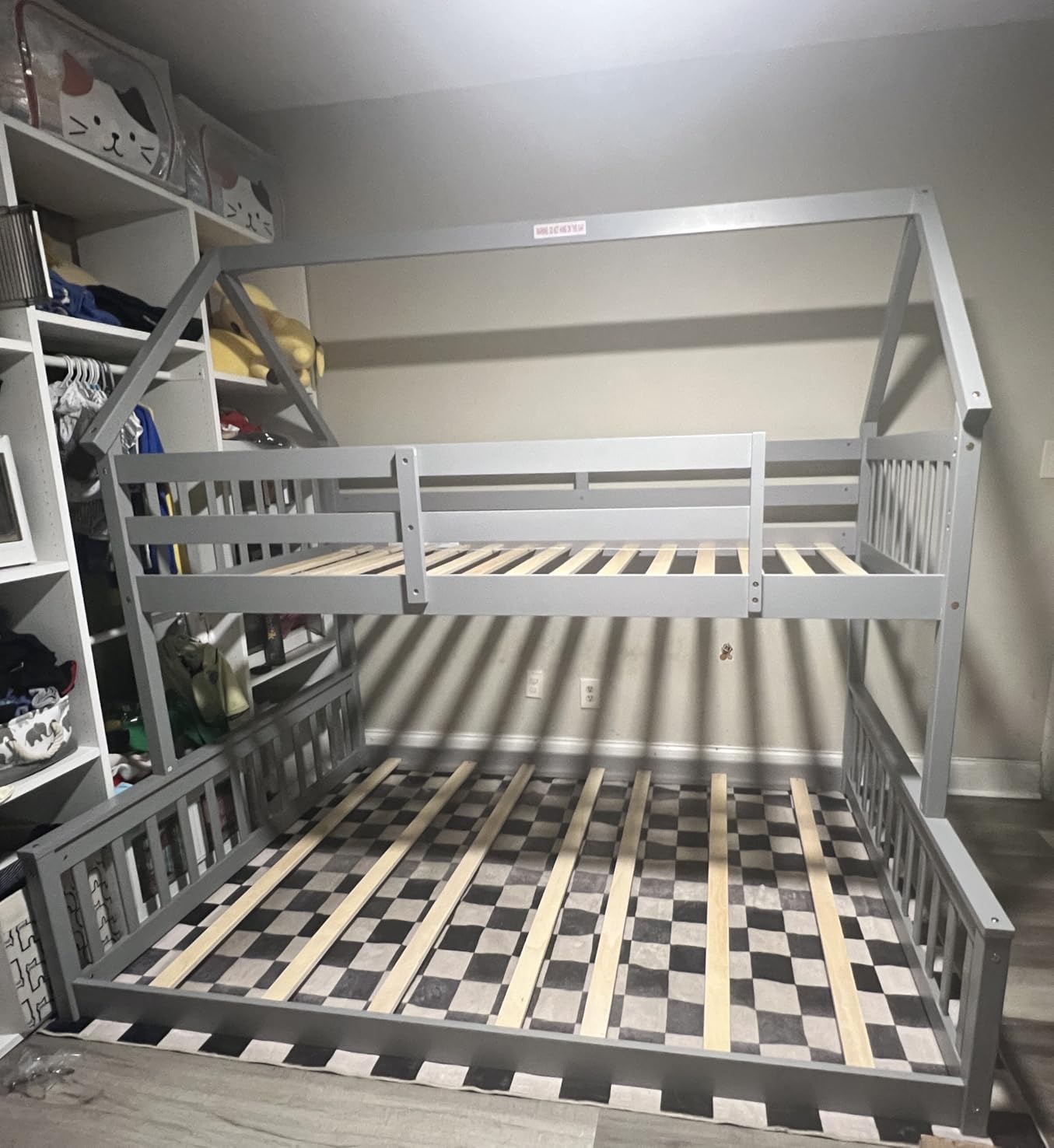 KOMFOTT Wood Twin Over Twin Bunk Bed with Slide & Staircase, Twin House Bunk Bed with Safety Guardrails & Storage, Floor House Bed with Wooden Slat Support for Boys Girls, No Box Spring Needed (White) customer photo 1