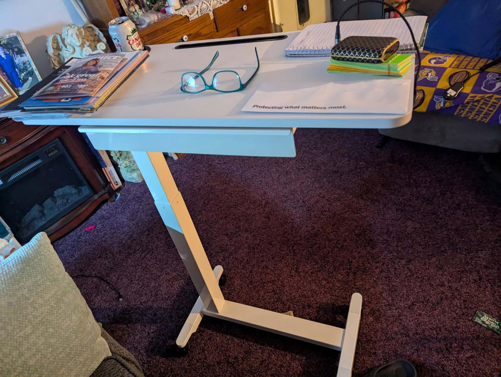 Adjustable Hospital Overbed Table with Drawer, Wheels, Cup Holder | Adjustable Height Rolling Laptop Over Bed Desk, Portable Medical Bedside Tray with Storage, Slot, Pneumatic Home Cart| White customer photo 2