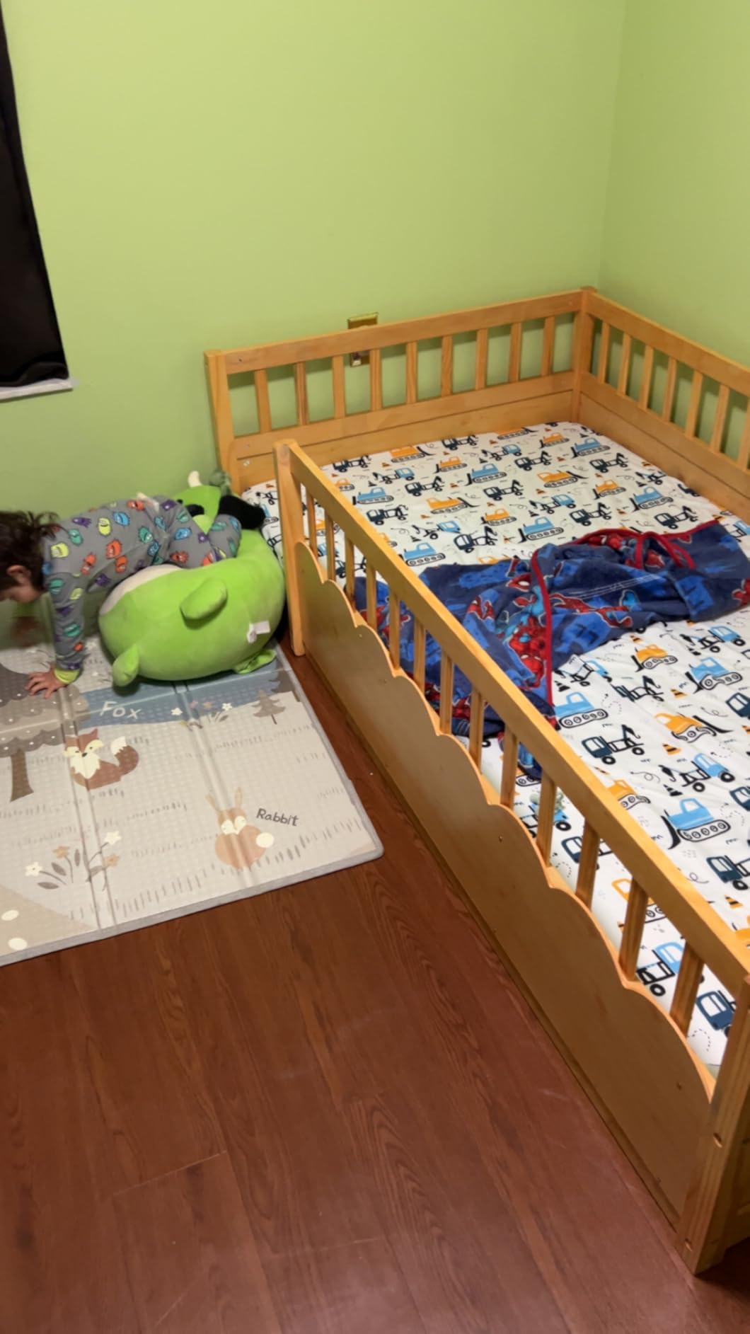 Full Toddler Floor Bed with High Rails, Wooden Montessori Bed Frame with Light and Storage Shelf, Full Size Bed Frame for Kids, Boys and Girls, White customer photo 1