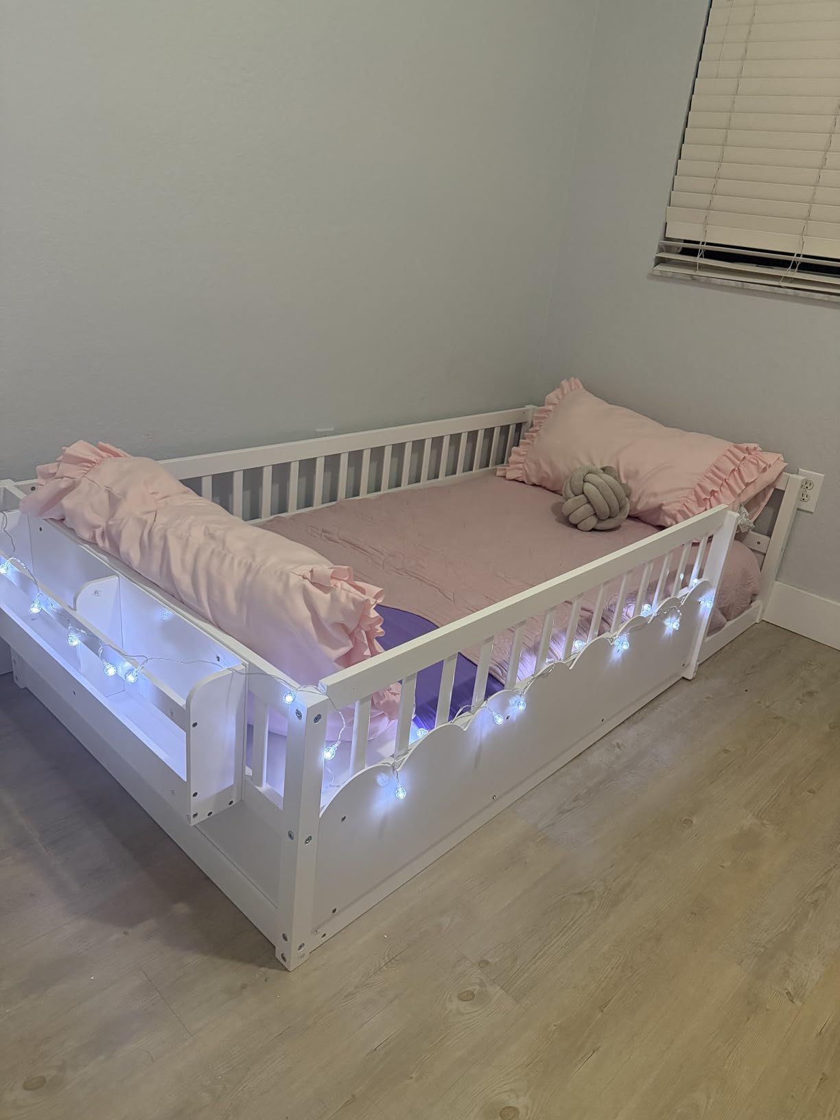 Full Toddler Floor Bed with High Rails, Wooden Montessori Bed Frame with Light and Storage Shelf, Full Size Bed Frame for Kids, Boys and Girls, White customer photo 2