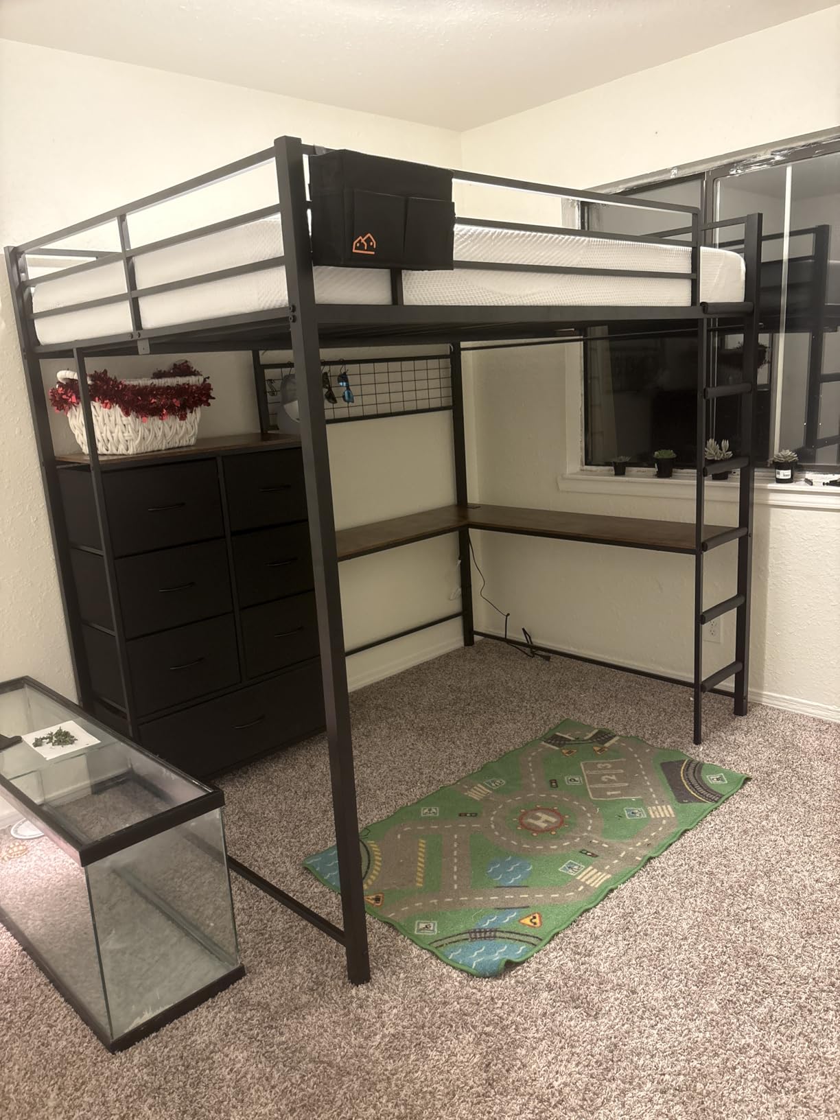 DICTAC Twin Loft Bed with L-Shaped Desk and 7 Storage Drawers,Metal Twin Size Loft Bed for Kids with LED Lights and Charging Station,13.11