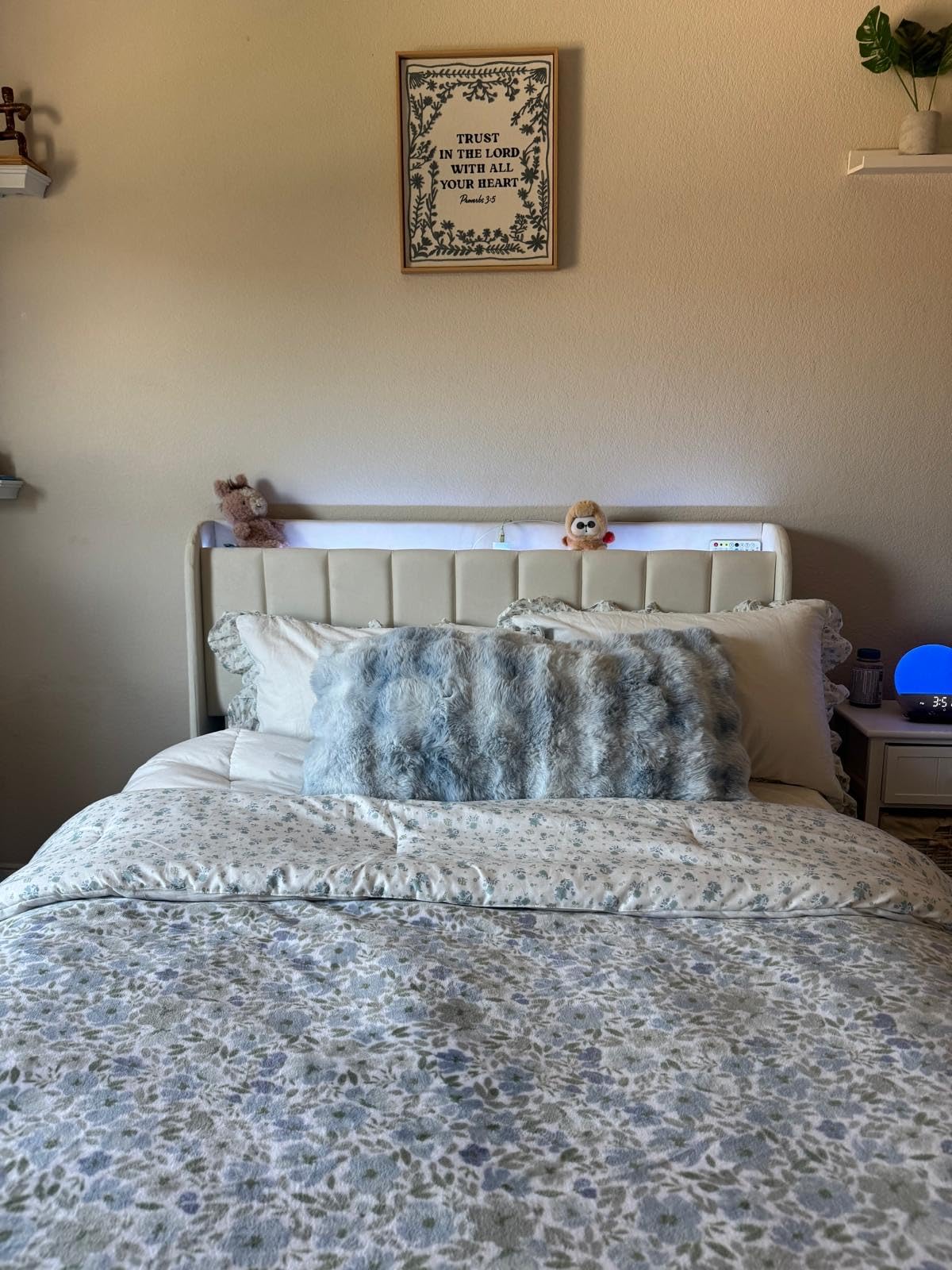 Full Bed Frame with 4 Drawers and Storage Headboard, Upholstered Platform Bed Frame Full Size with Led Lights and Handy Charging Station, No Box Spring Needed, Easy Assembly, Noise Free, Beige customer photo 2