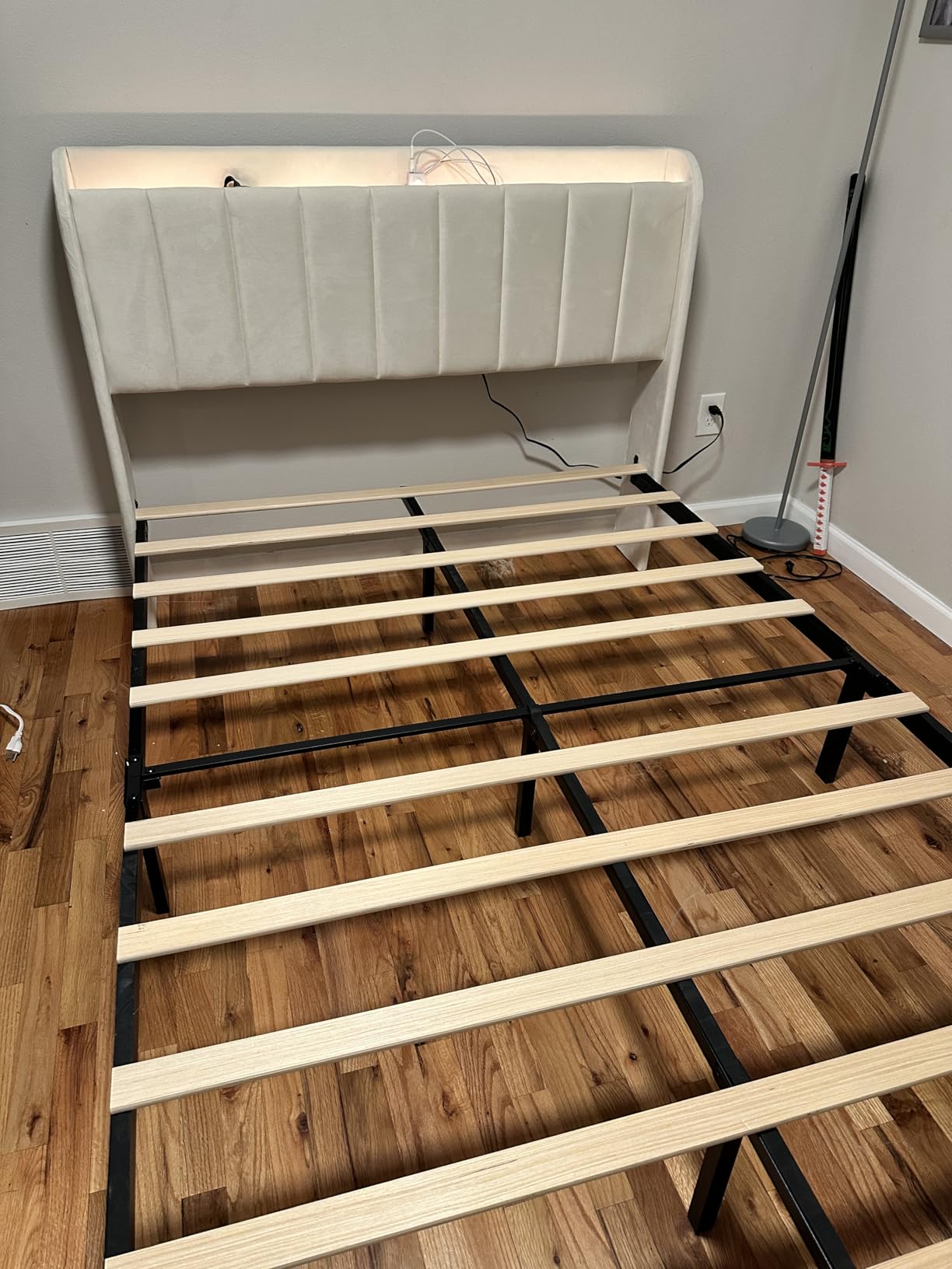 Queen Bed Frame with 4 Drawers and Storage Headboard, Upholstered Platform Bed Frame Queen Size with Led Lights and Handy Charging Station, No Box Spring Needed, Easy Assembly, Noise Free, Beige customer photo 1