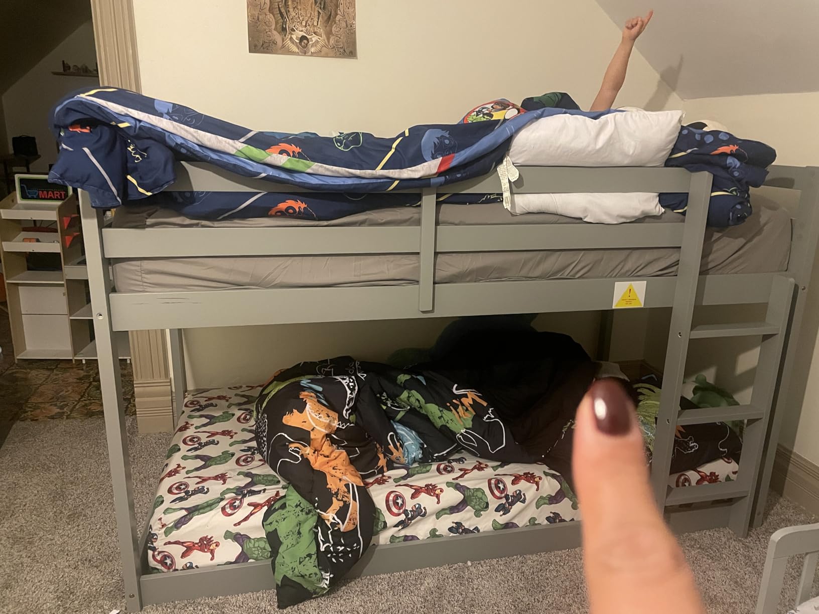 Low Bunk Bed Twin Over Twin, Solid Wood Floor Bunk Bed Frame with Ladder & Safety Guardrails, Twin Bunk Beds for Kids Boys and Girls, Saving Space, No Box Spring Needed, Gray customer photo 2