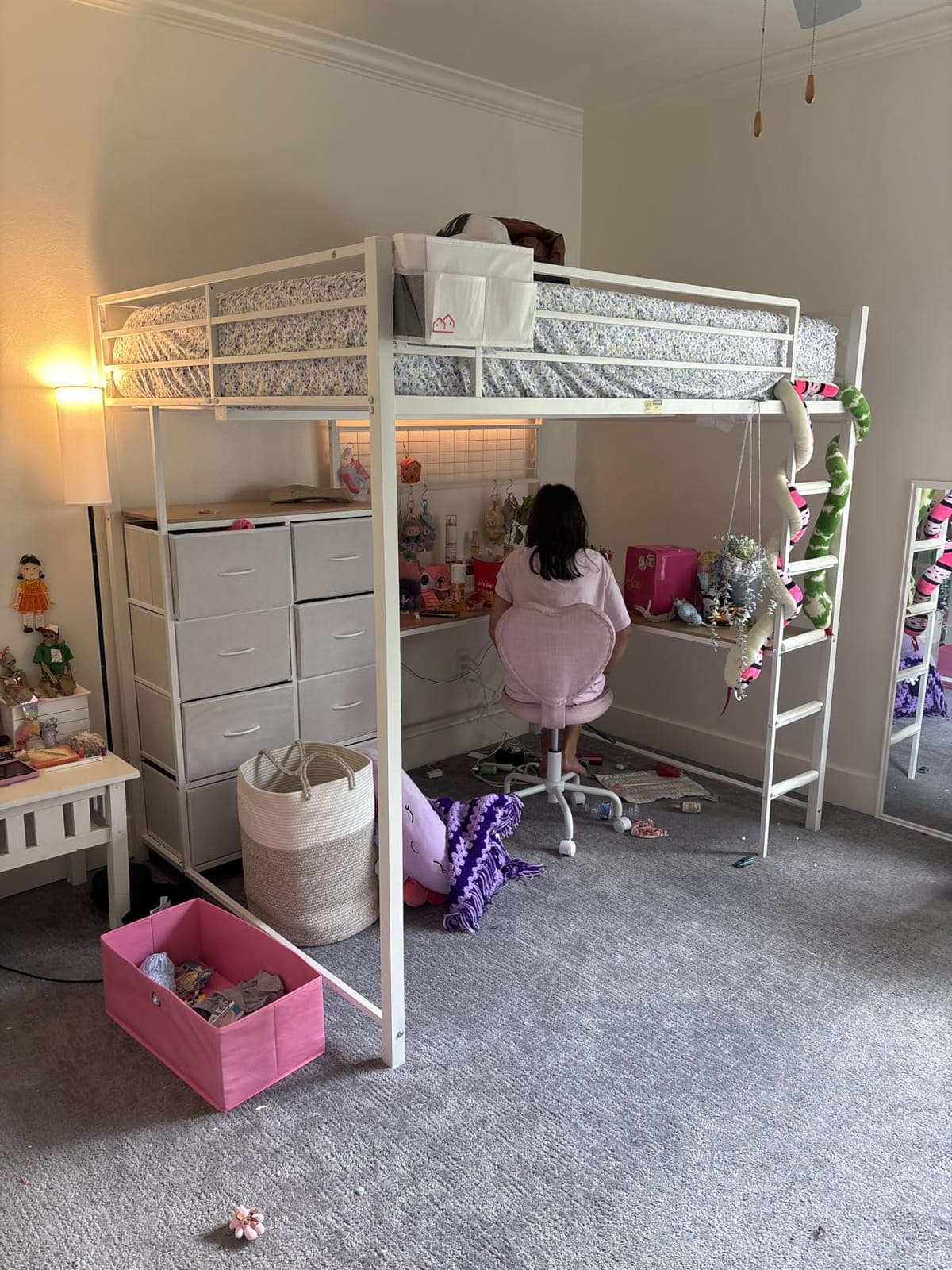 DICTAC Full Loft Bed with L-Shaped Desk and 7 Storage Drawers, Metal Full Size Loft Bed for Teen with LED Lights and Charging Station,13.11